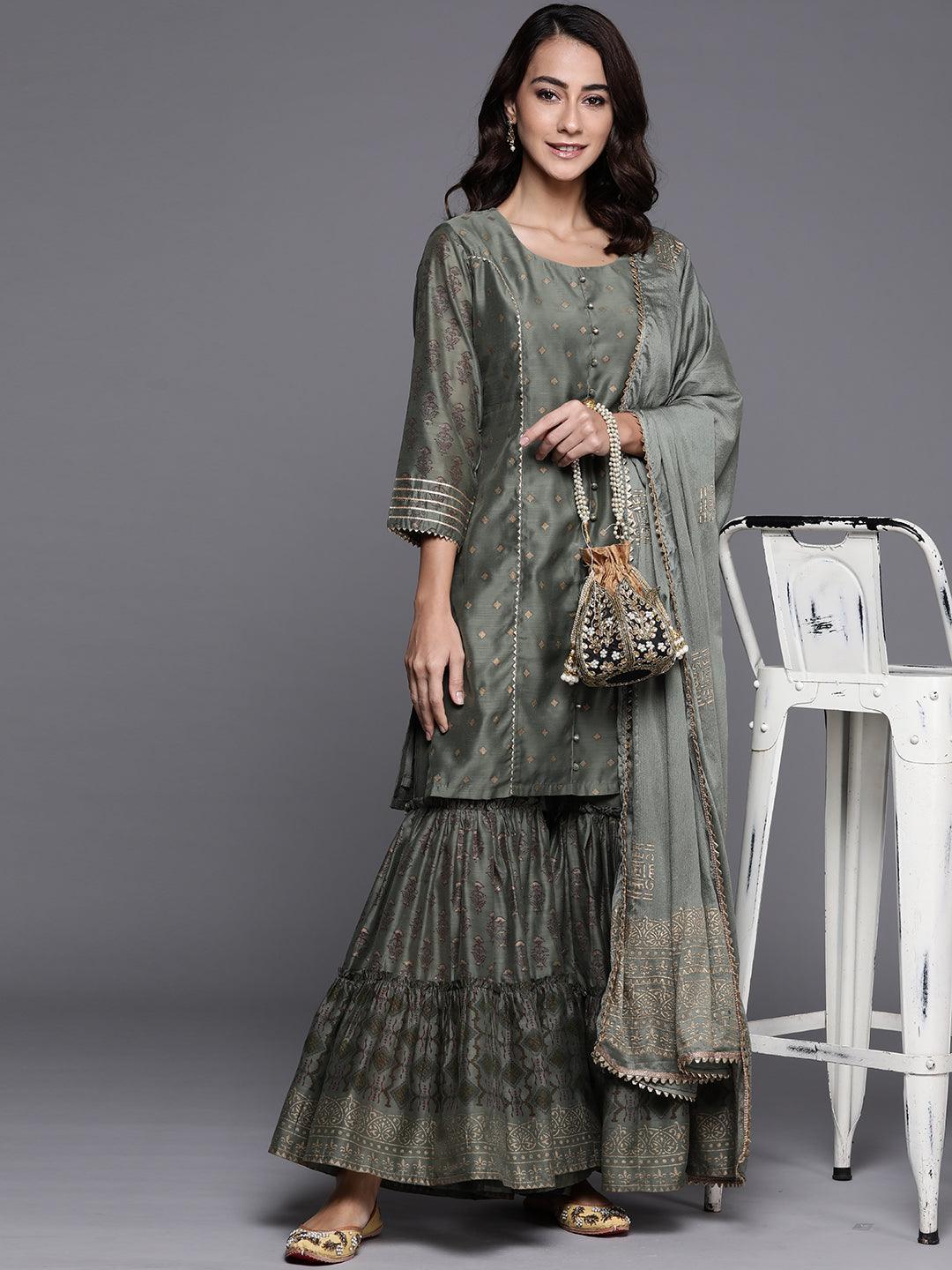 Green Printed Chanderi Silk Suit Set