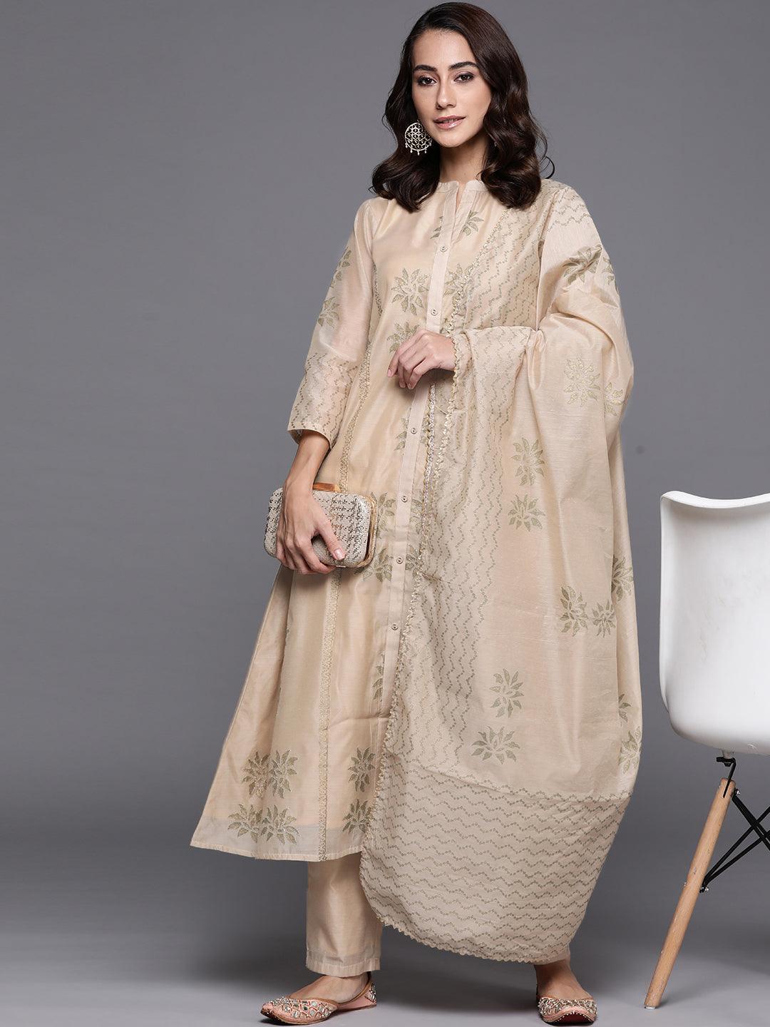 Beige Embroidered Chanderi Silk Suit Set