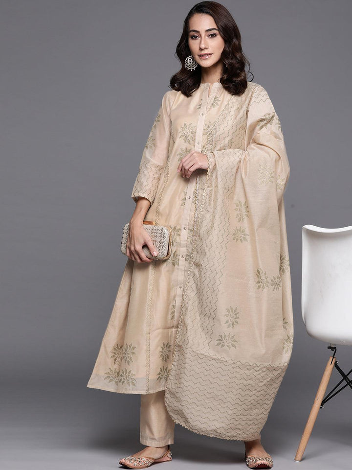 Beige Embroidered Chanderi Silk Suit Set - ShopLibas