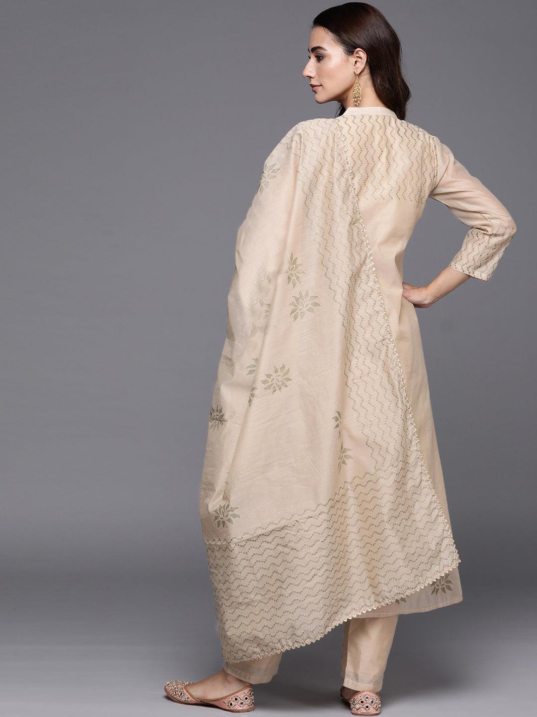 Beige Embroidered Chanderi Silk Suit Set