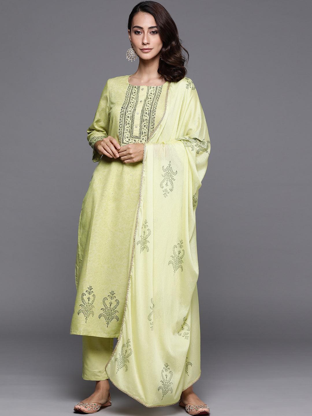 Lime Green Printed Viscose Rayon Suit Set