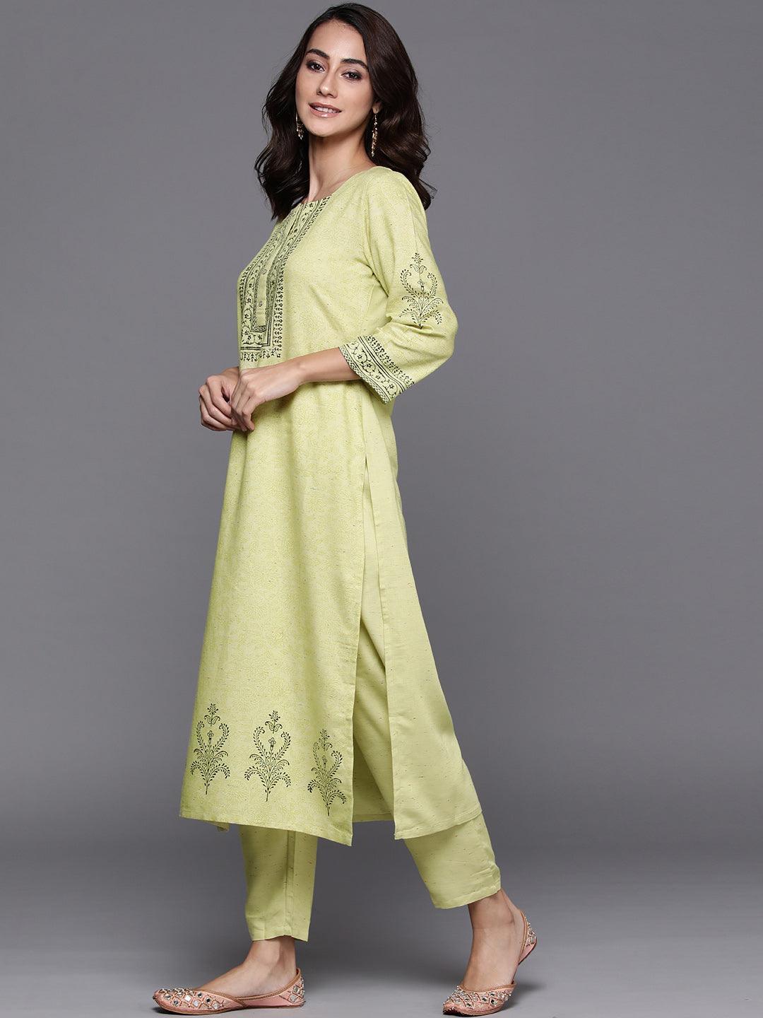 Lime Green Printed Viscose Rayon Suit Set