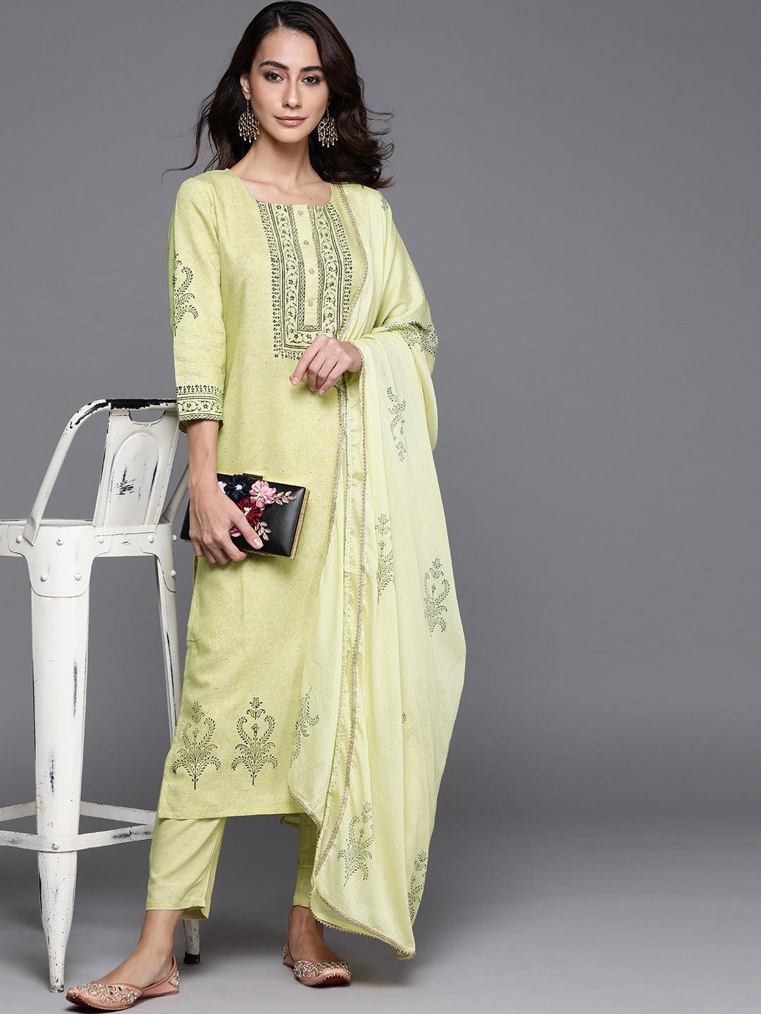 Lime Green Printed Viscose Rayon Suit Set