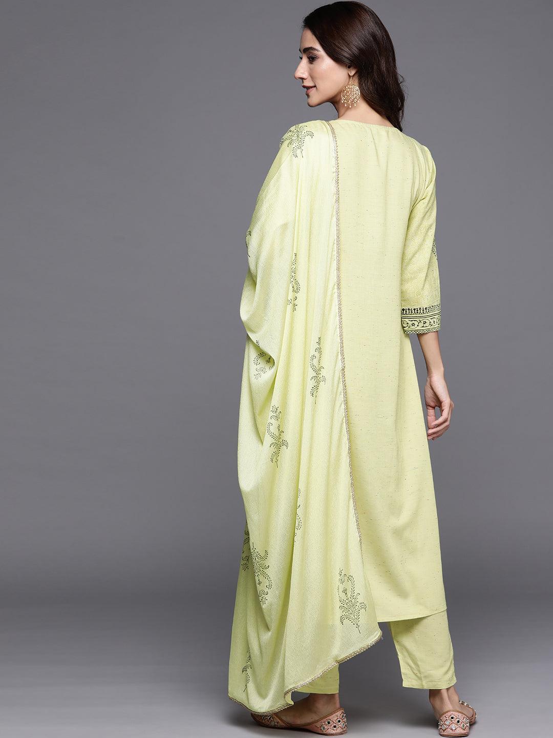 Lime Green Printed Viscose Rayon Suit Set