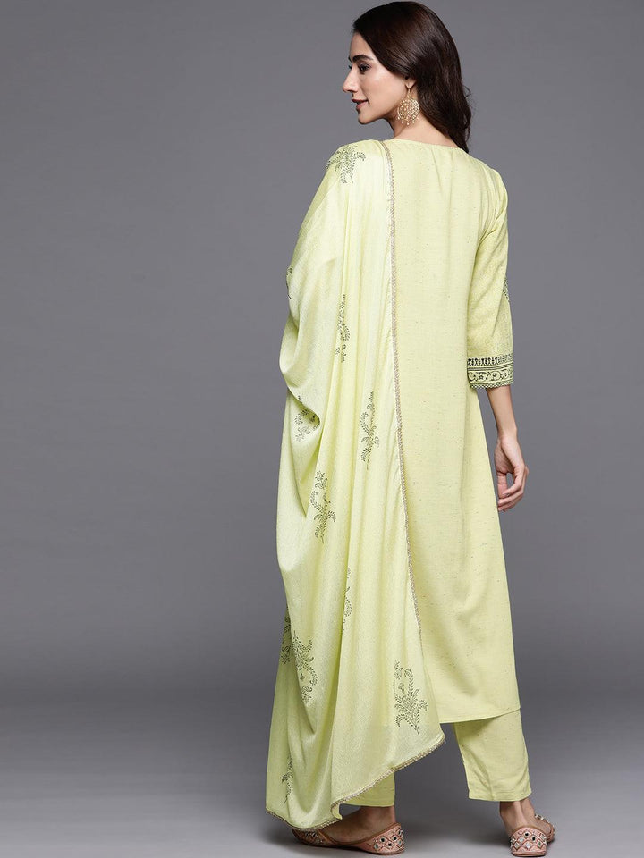 Lime Green Printed Viscose Rayon Suit Set - ShopLibas