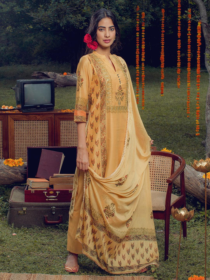 Yellow Printed Chanderi Silk Suit Set - ShopLibas