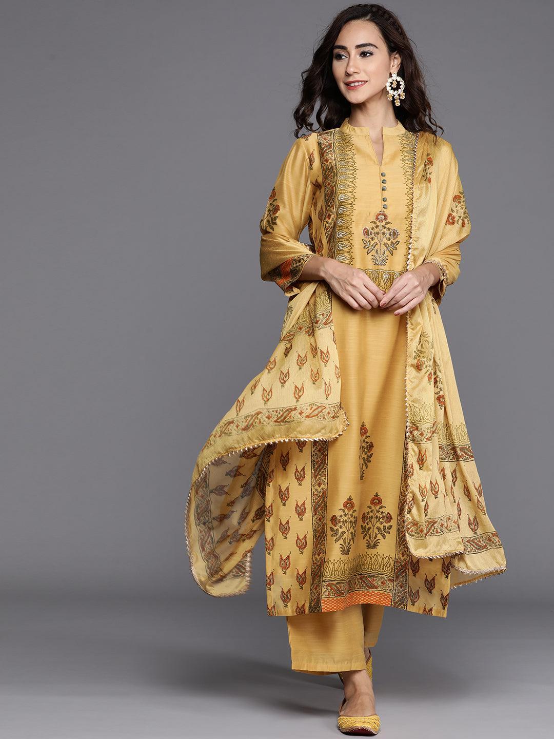 Yellow Printed Chanderi Silk Suit Set - ShopLibas