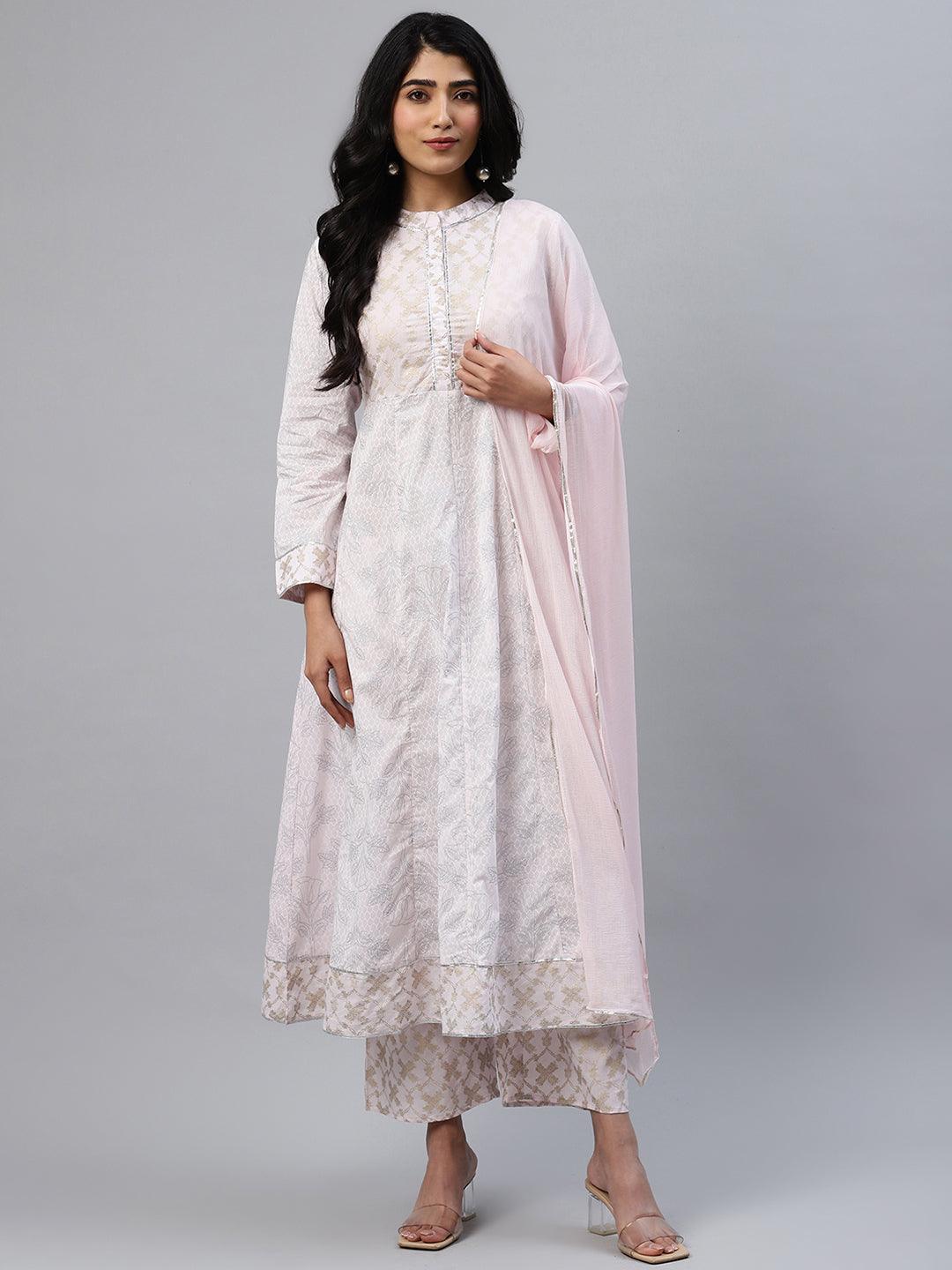 Pink Printed Cotton Anarkali Kurta With Palazzos & Dupatta