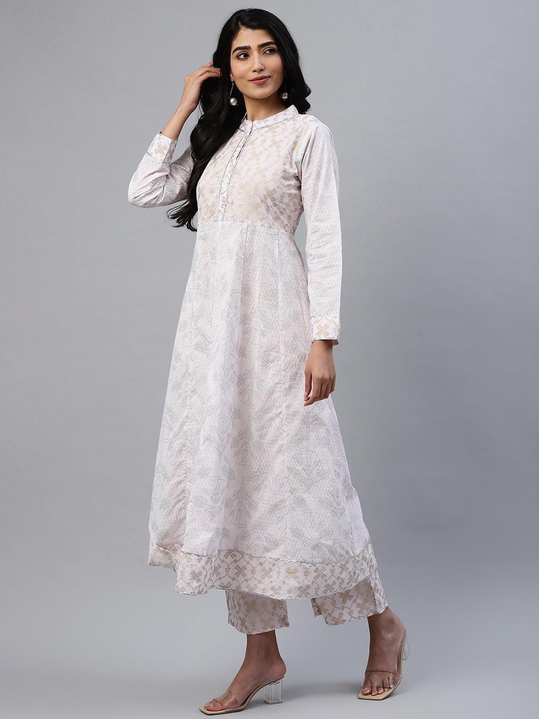 Pink Printed Cotton Anarkali Kurta With Palazzos & Dupatta