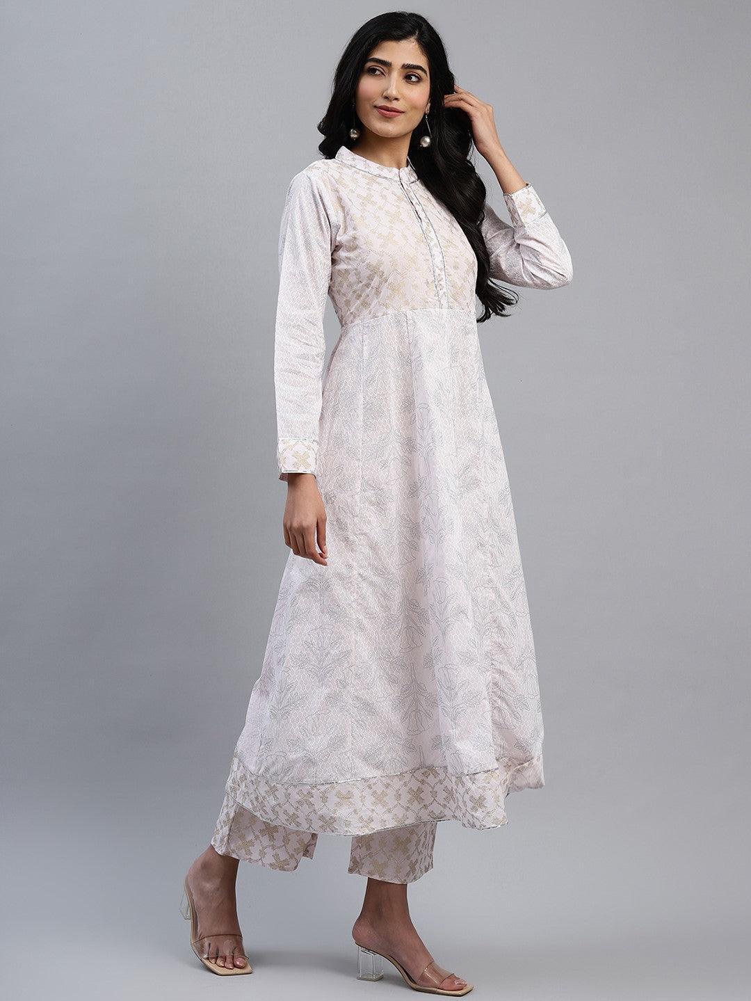 Pink Printed Cotton Anarkali Kurta With Palazzos & Dupatta