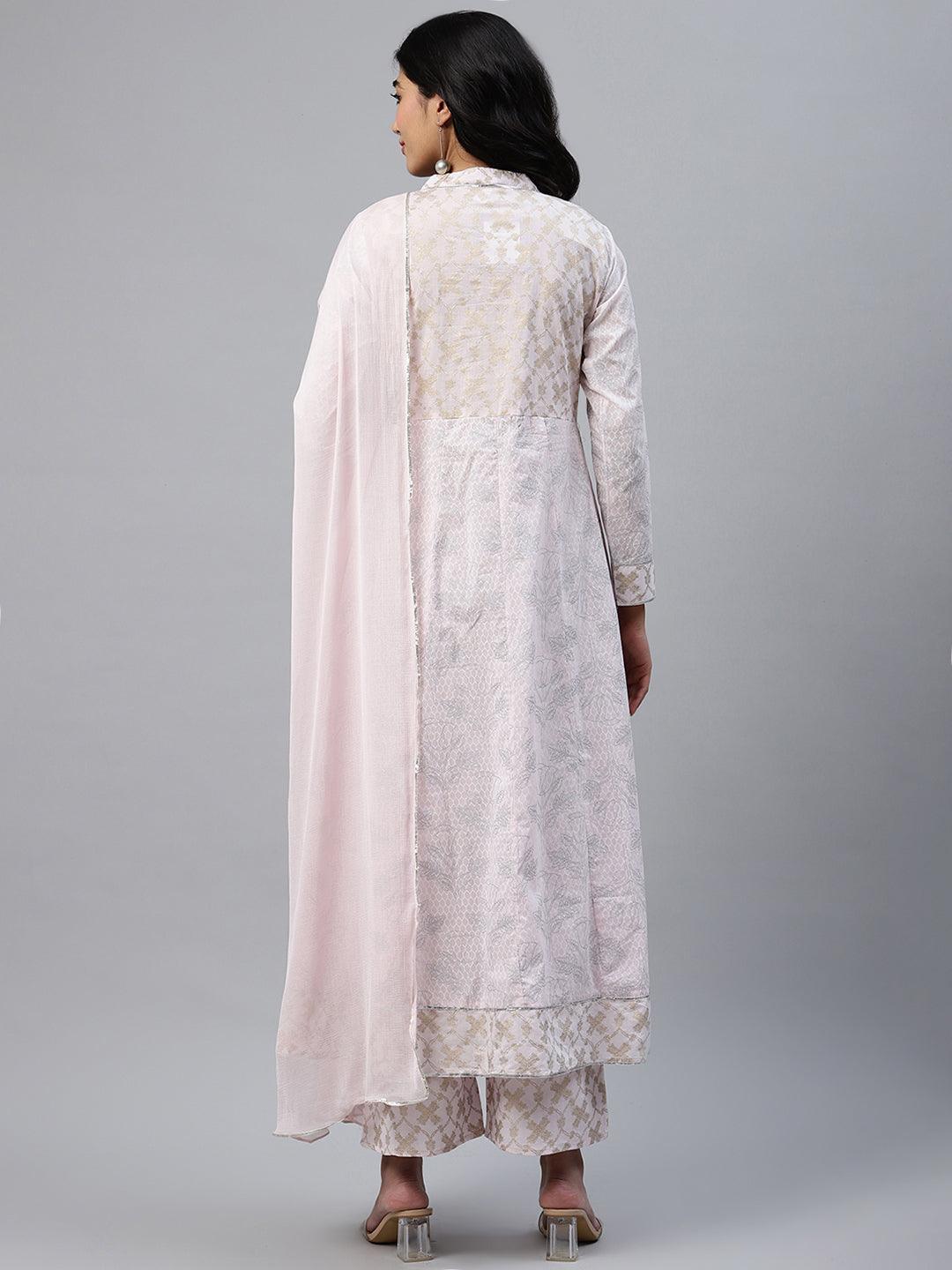 Pink Printed Cotton Anarkali Kurta With Palazzos & Dupatta