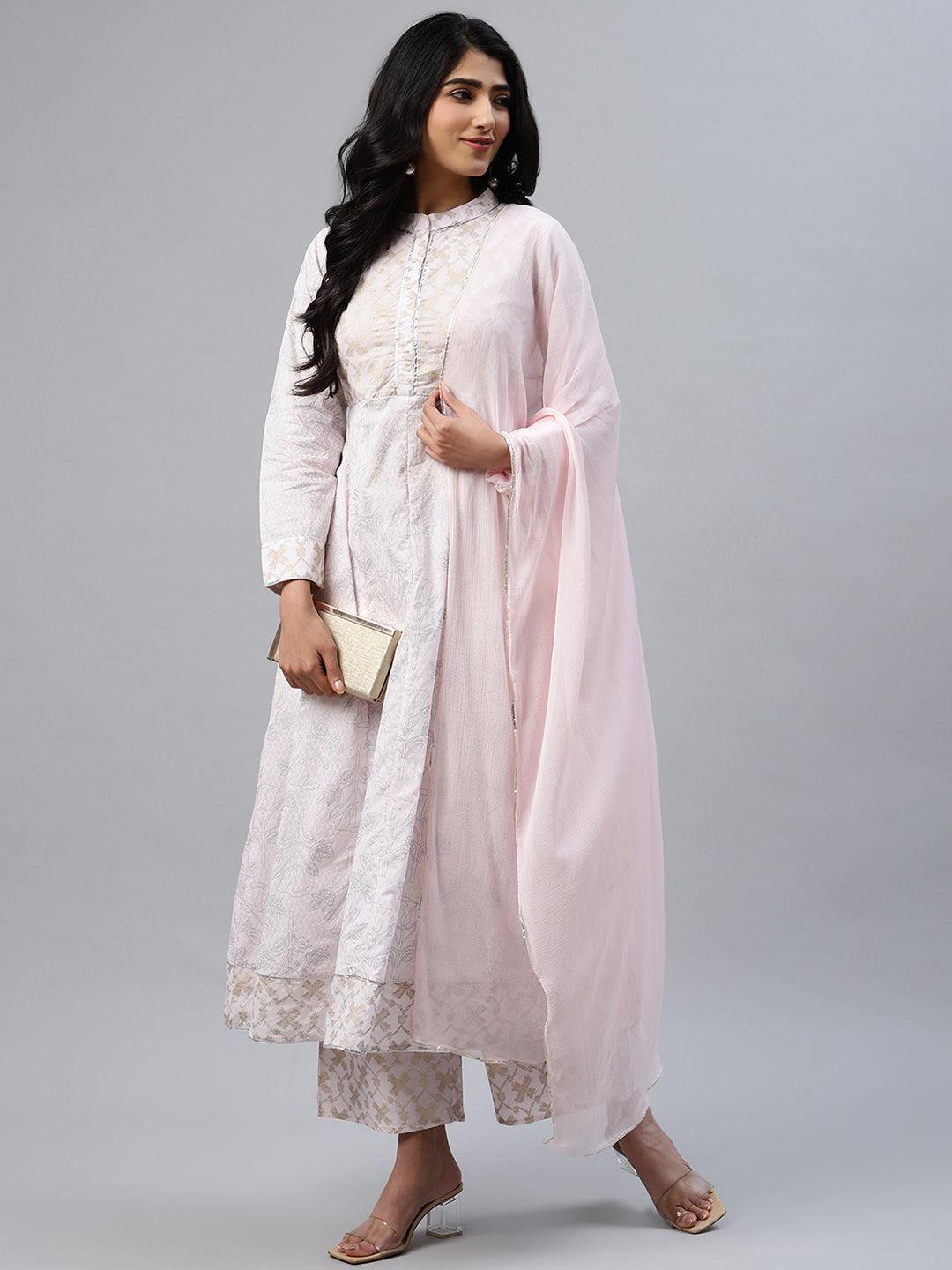 Pink Printed Cotton Anarkali Kurta With Palazzos & Dupatta