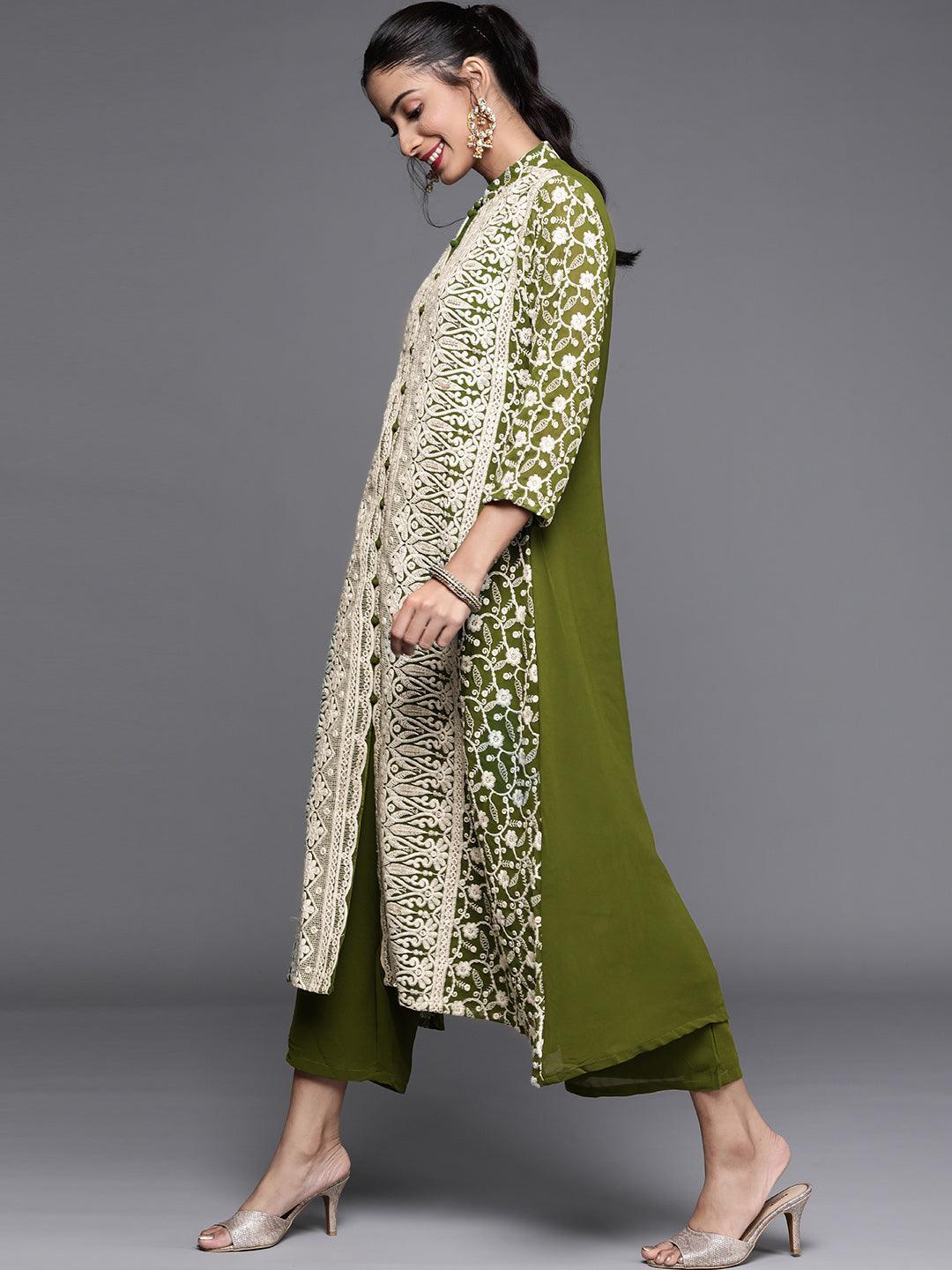 Green Embroidered Georgette Suit Set - ShopLibas