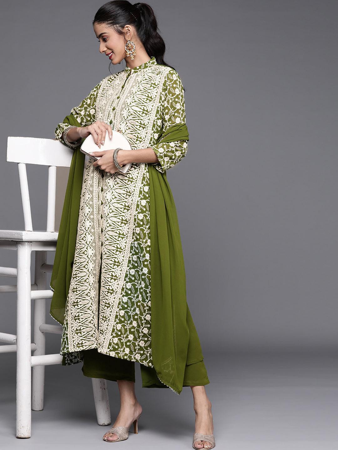 Green Embroidered Georgette Suit Set - ShopLibas