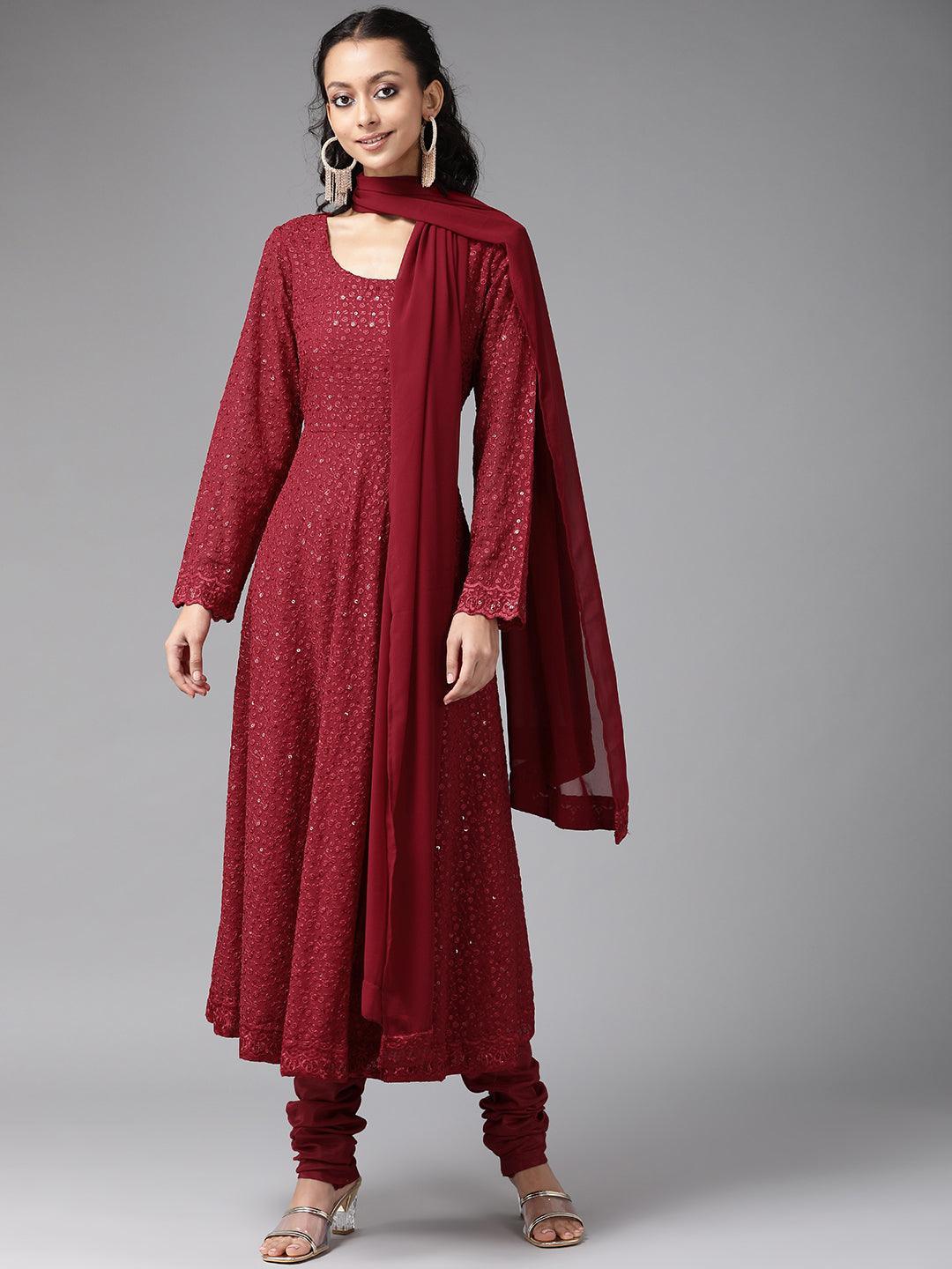 Maroon Embroidered Georgette Suit Set