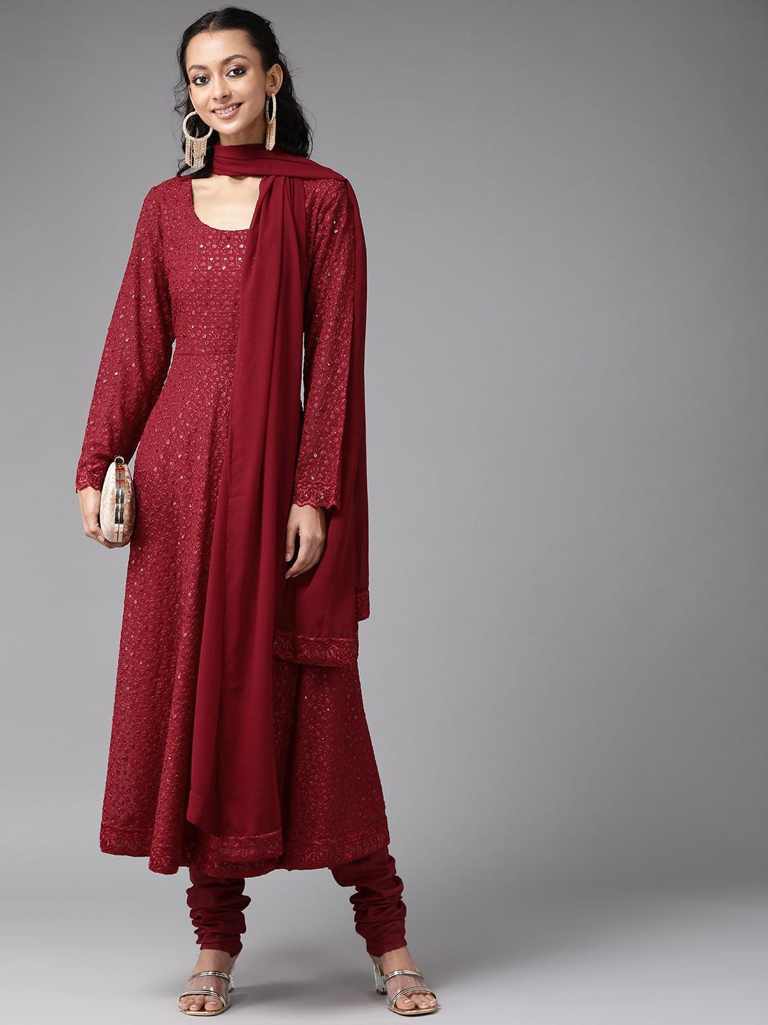 Maroon Embroidered Georgette Suit Set