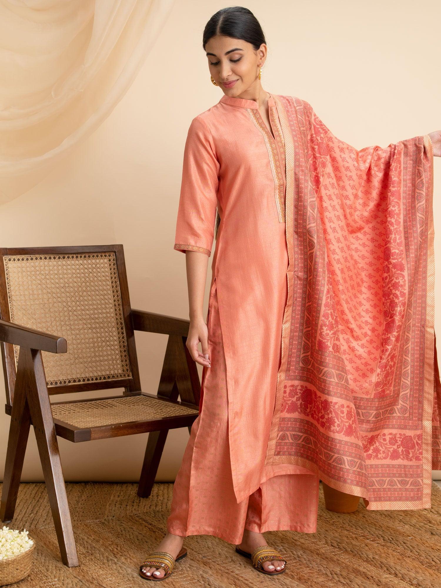 Pink Solid Silk Suit Set