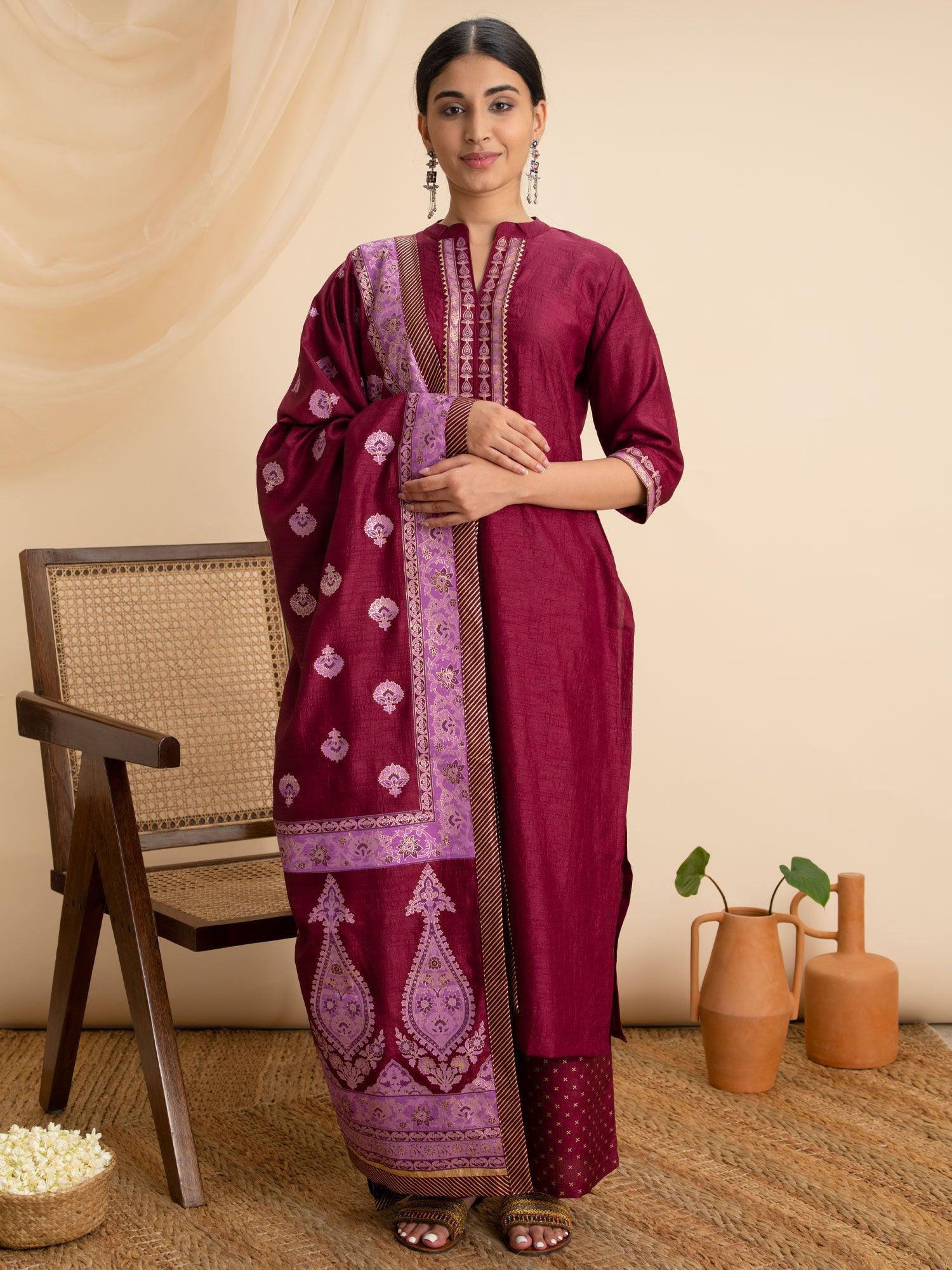 Purple Solid Silk Suit Set