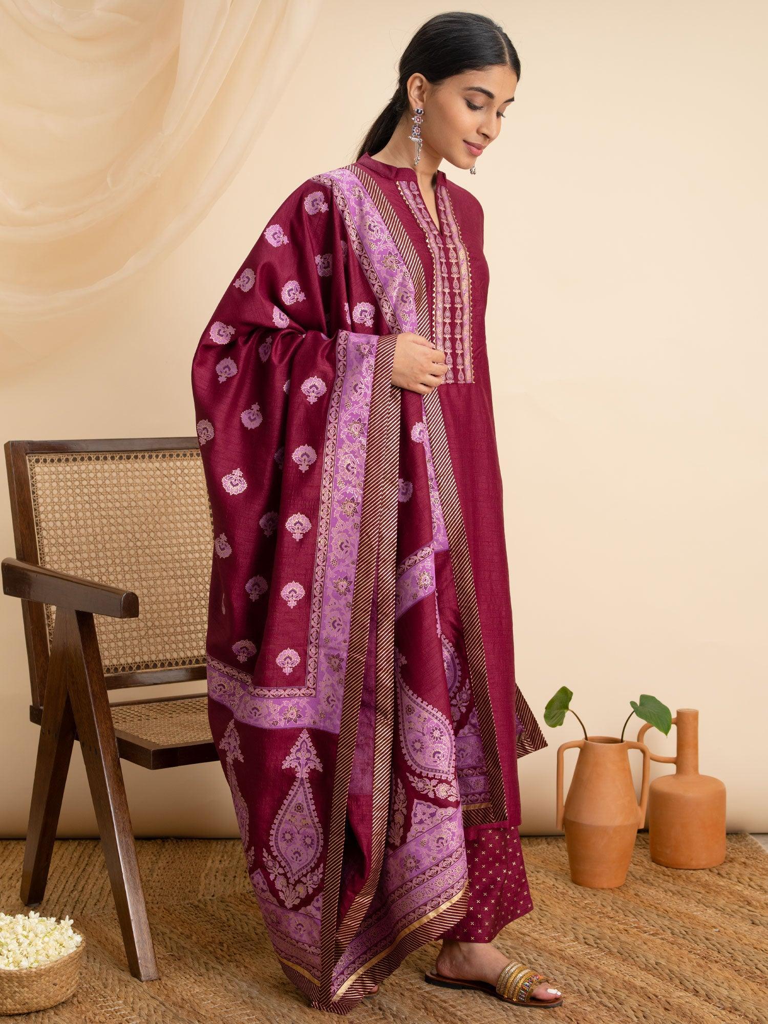 Purple Solid Silk Suit Set