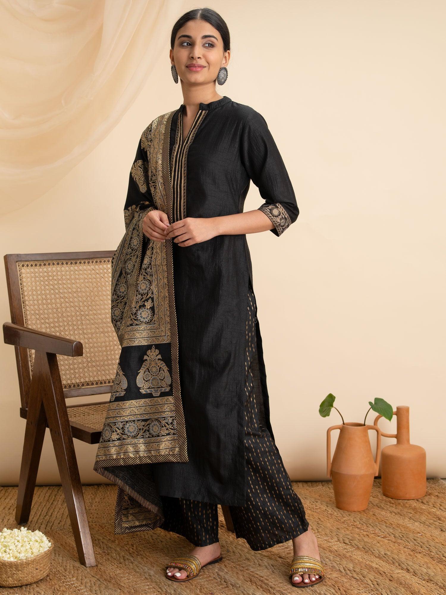 Black Solid Silk Suit Set