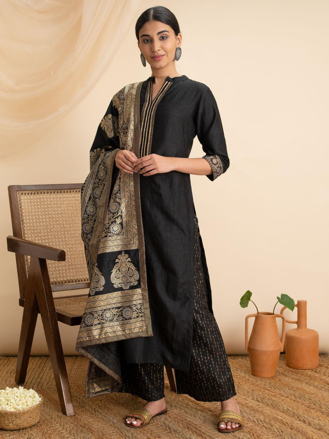 Black Solid Silk Suit Set - ShopLibas