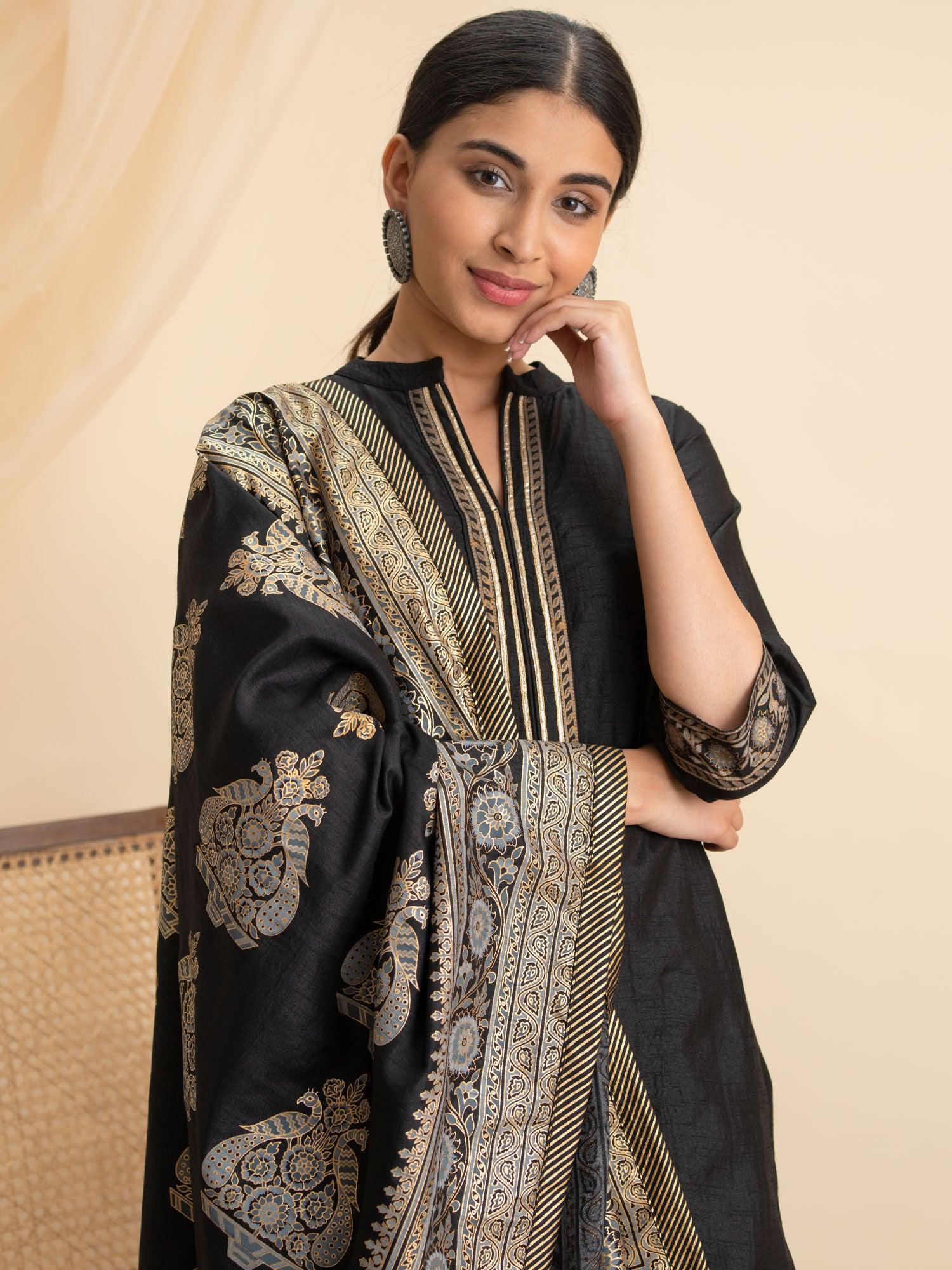 Black Solid Silk Suit Set