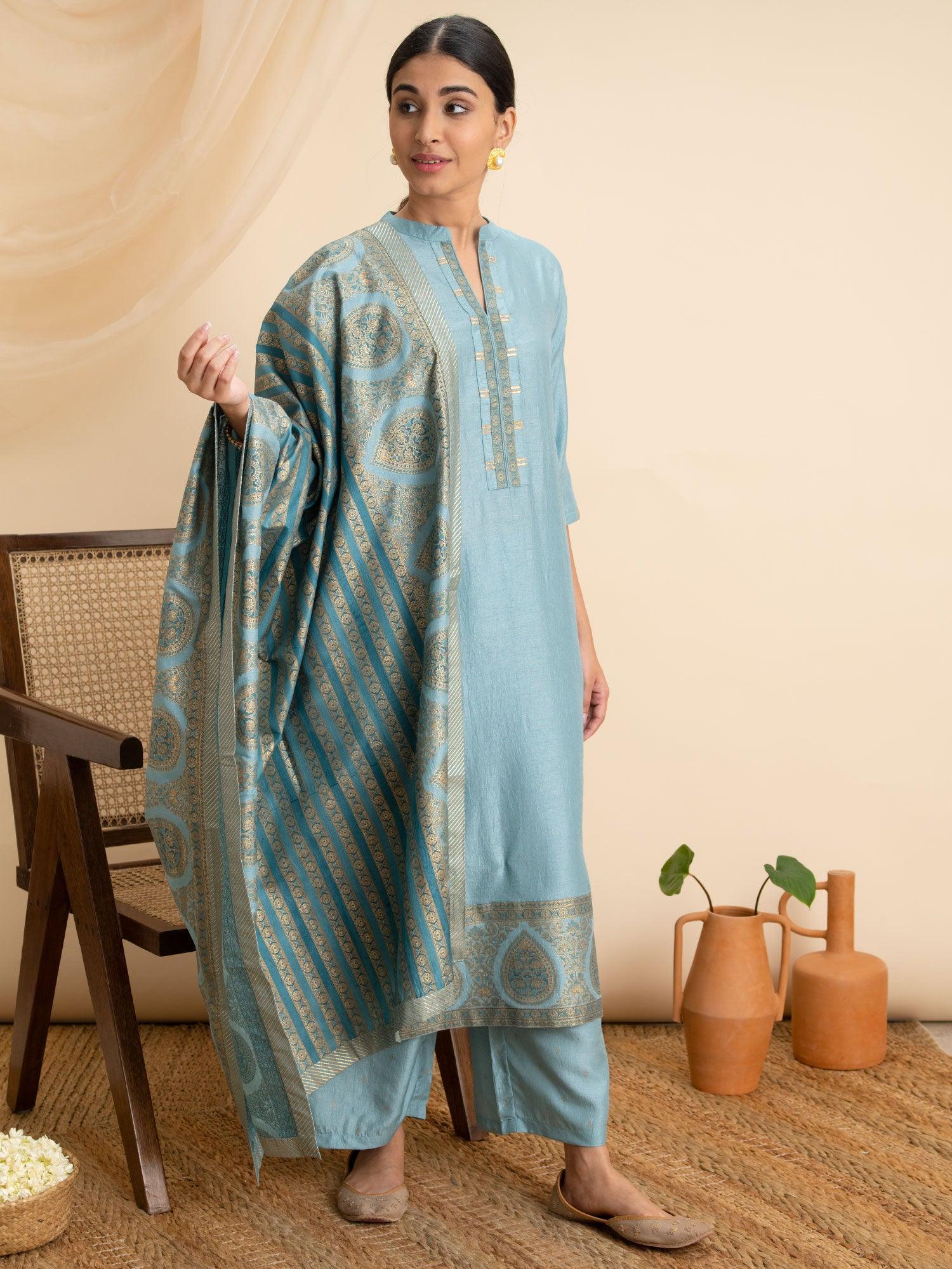 Blue Solid Silk Suit Set