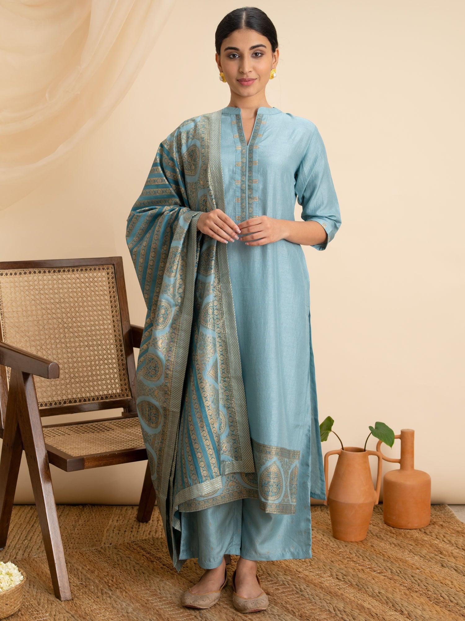 Blue Solid Silk Suit Set