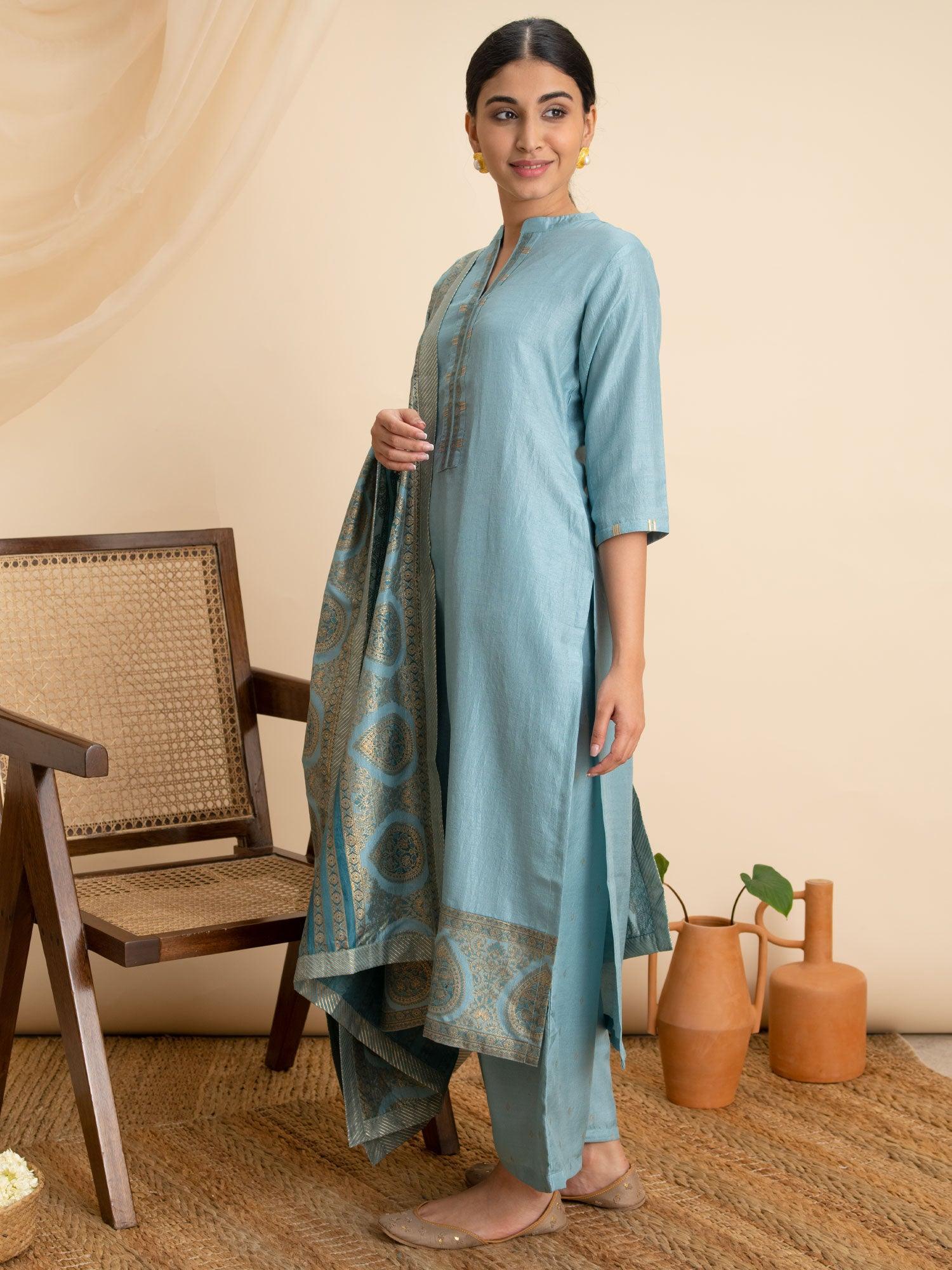 Blue Solid Silk Suit Set