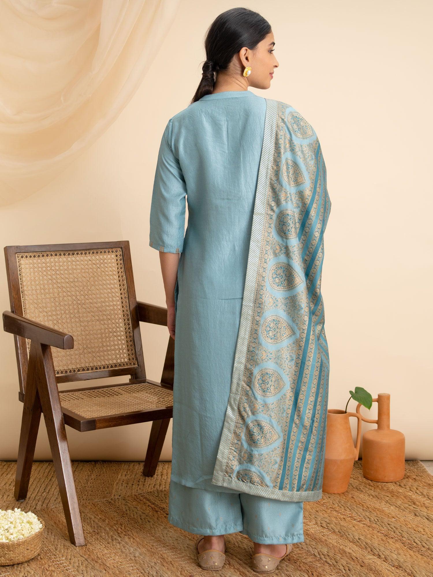 Blue Solid Silk Suit Set