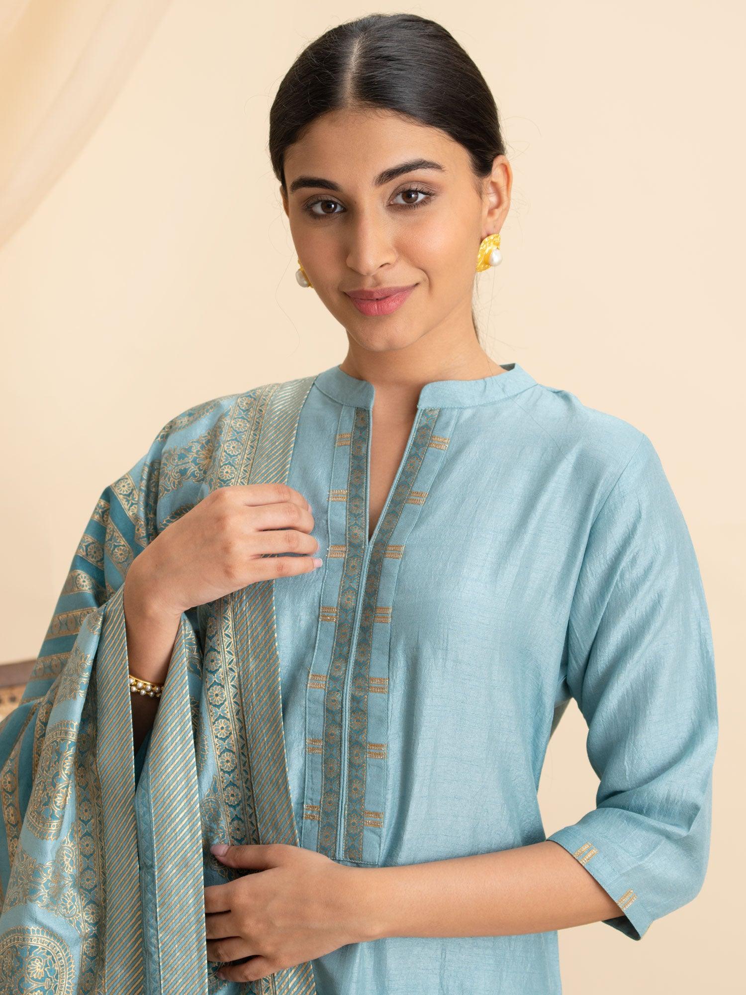 Blue Solid Silk Suit Set