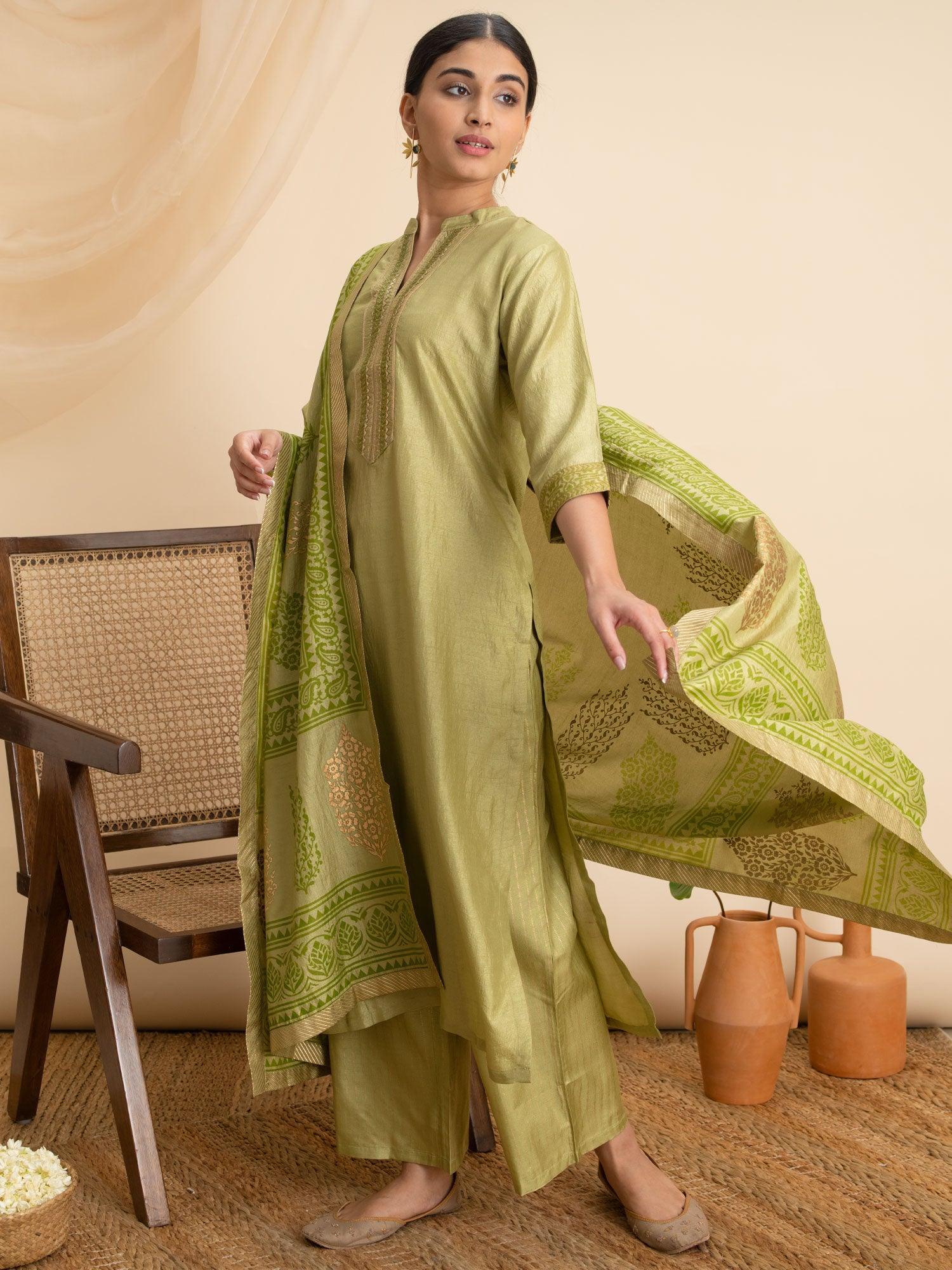 Green Solid Silk Suit Set