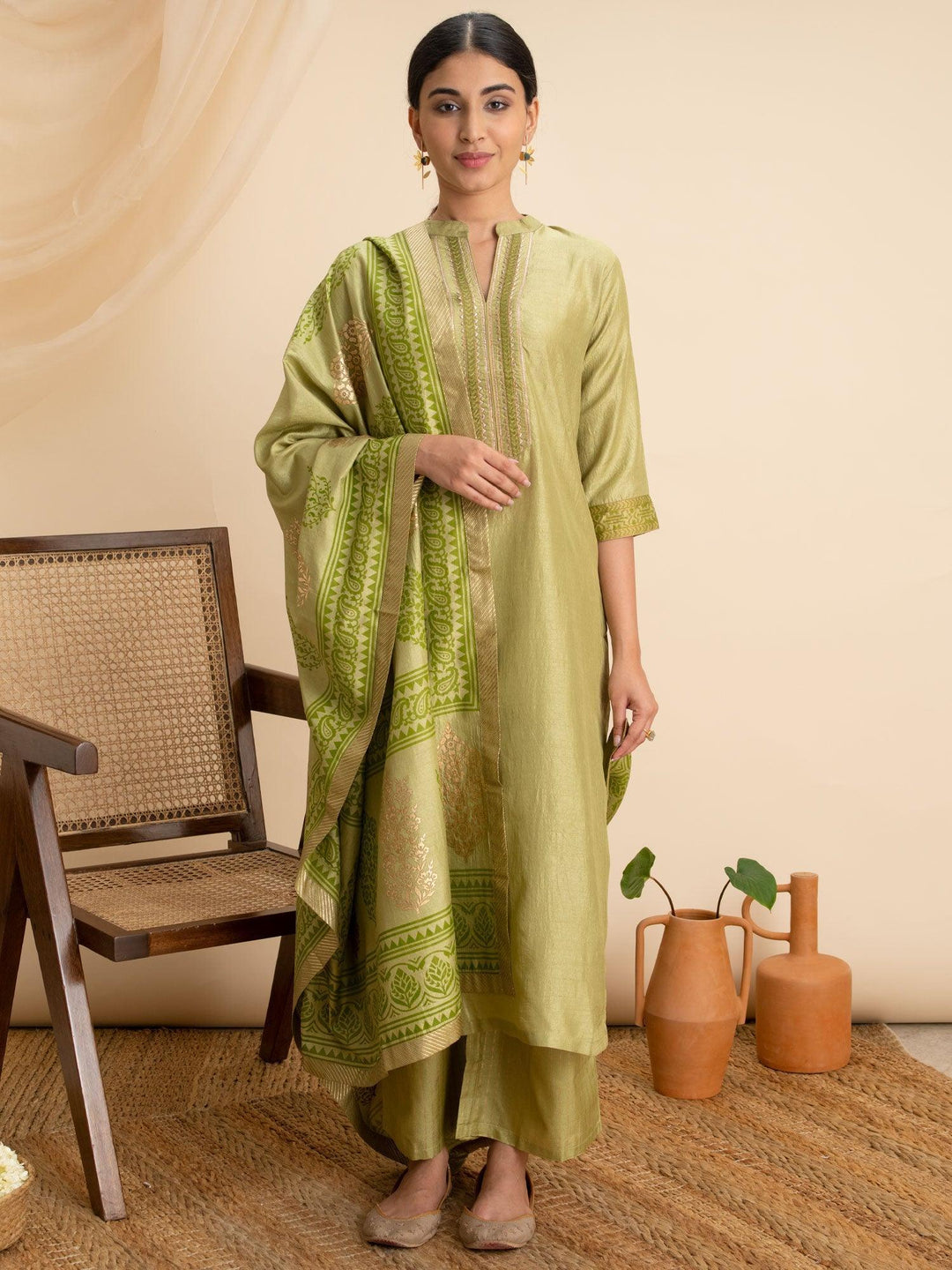 Green Solid Silk Suit Set - ShopLibas