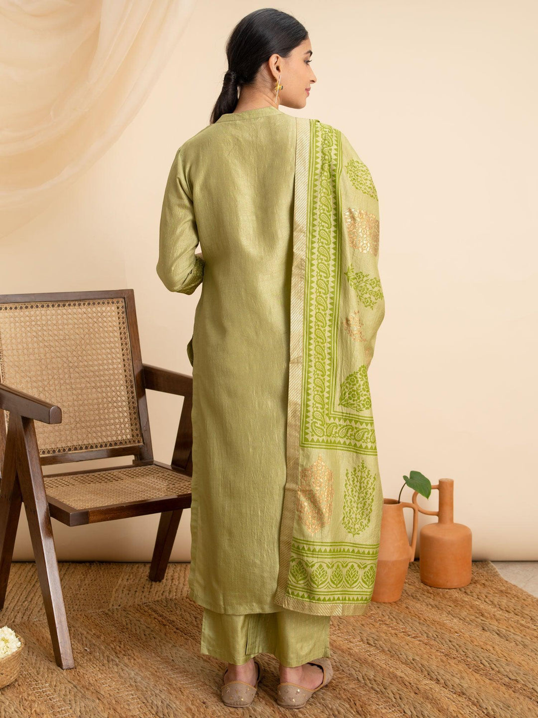 Green Solid Silk Suit Set - ShopLibas