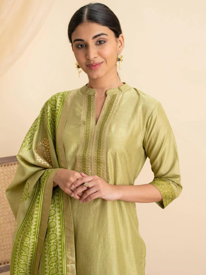 Green Solid Silk Suit Set - ShopLibas