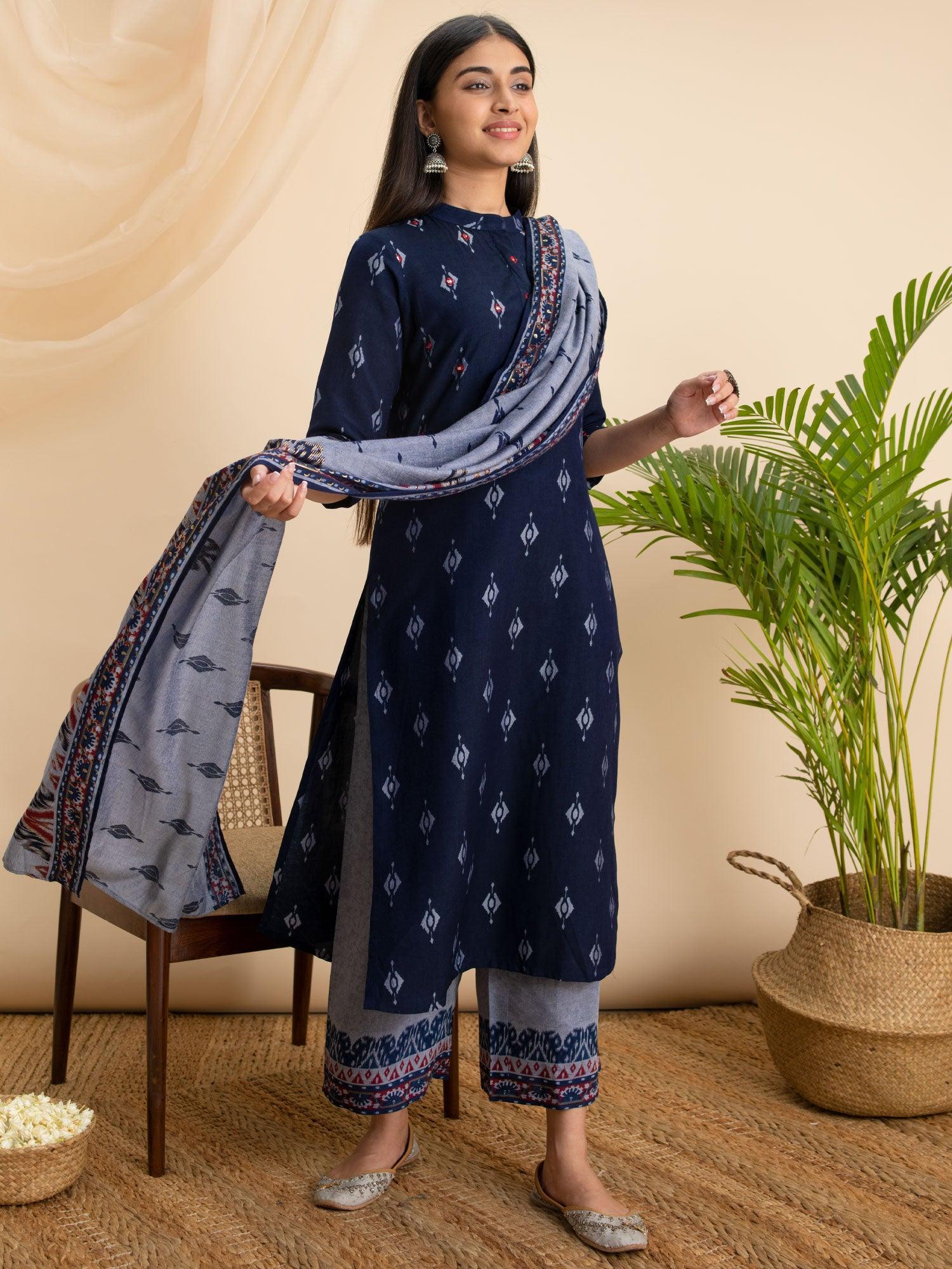 Blue Printed Rayon Suit Set