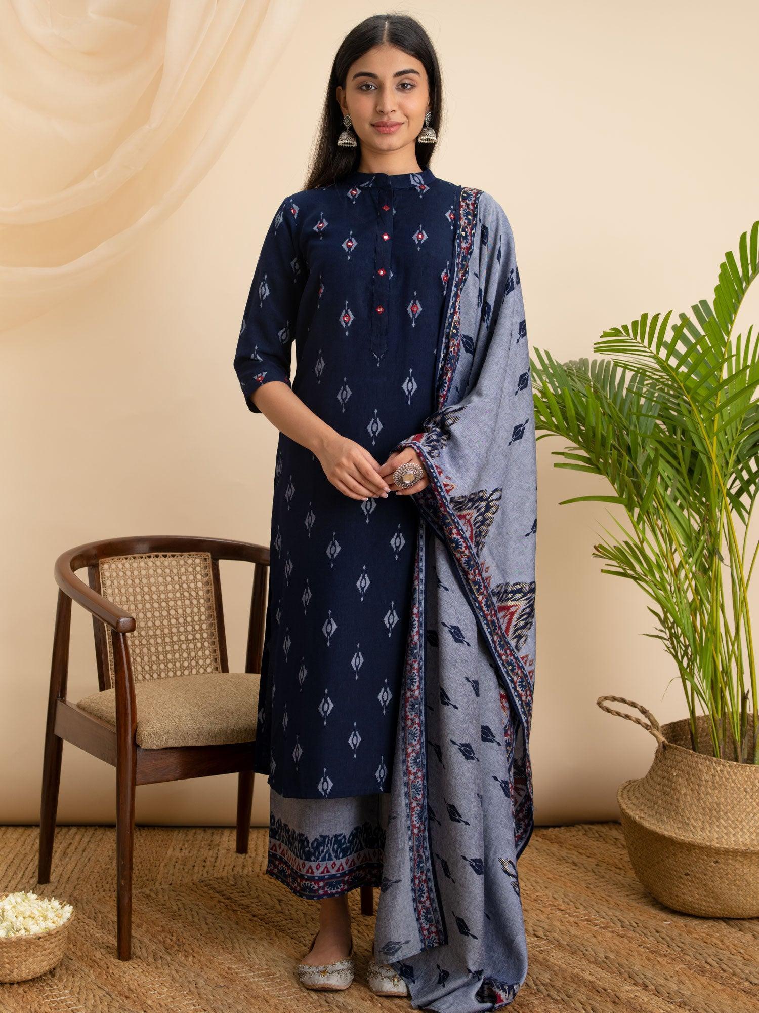 Blue Printed Rayon Suit Set