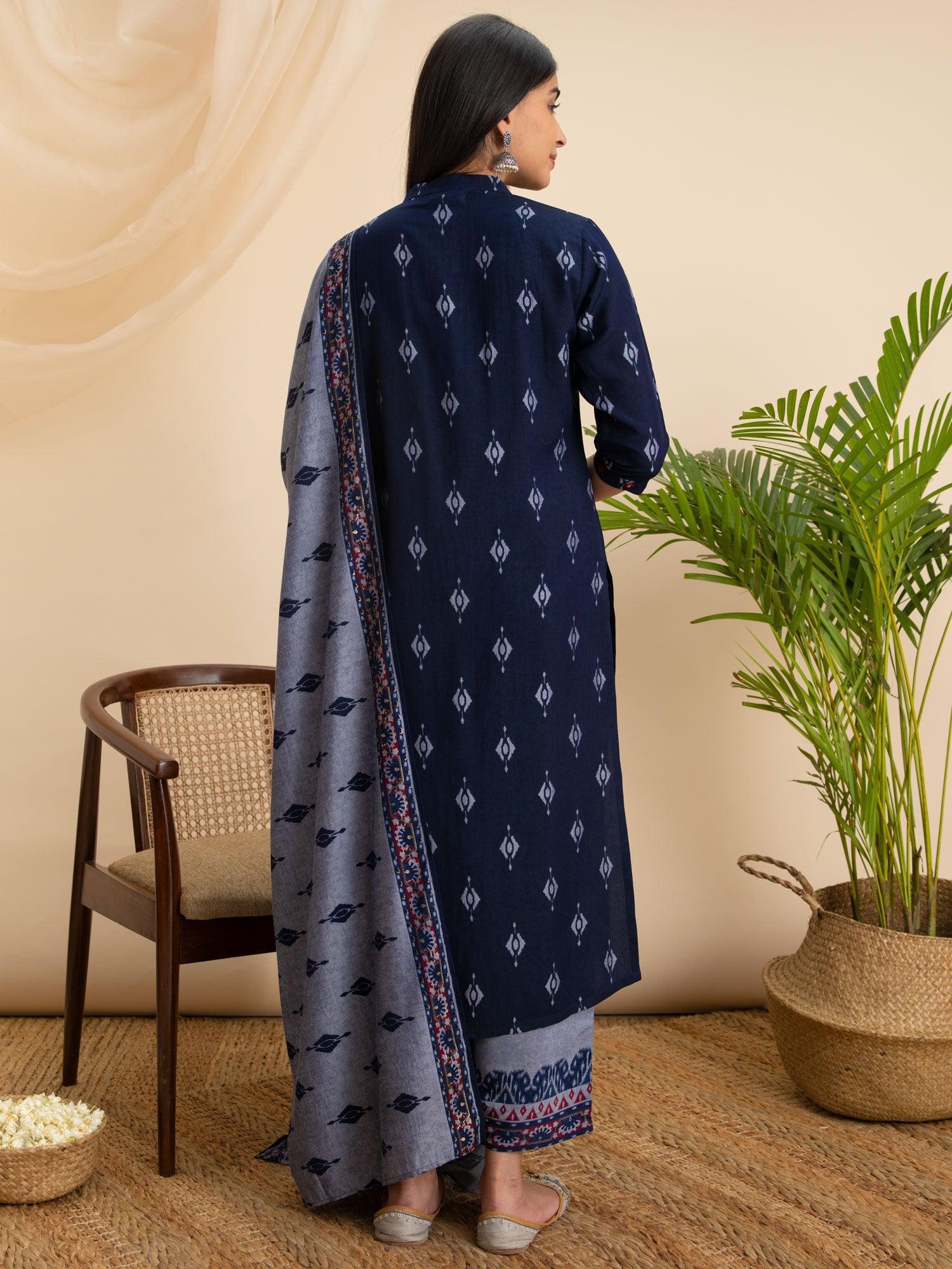 Blue Printed Rayon Suit Set