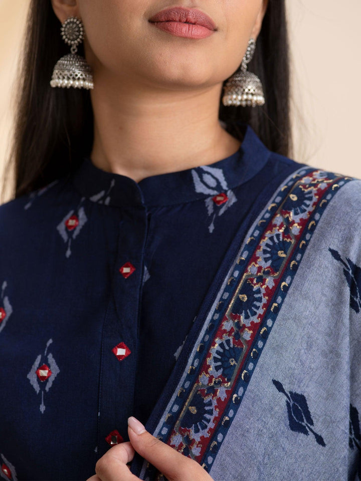 Blue Printed Rayon Suit Set - ShopLibas