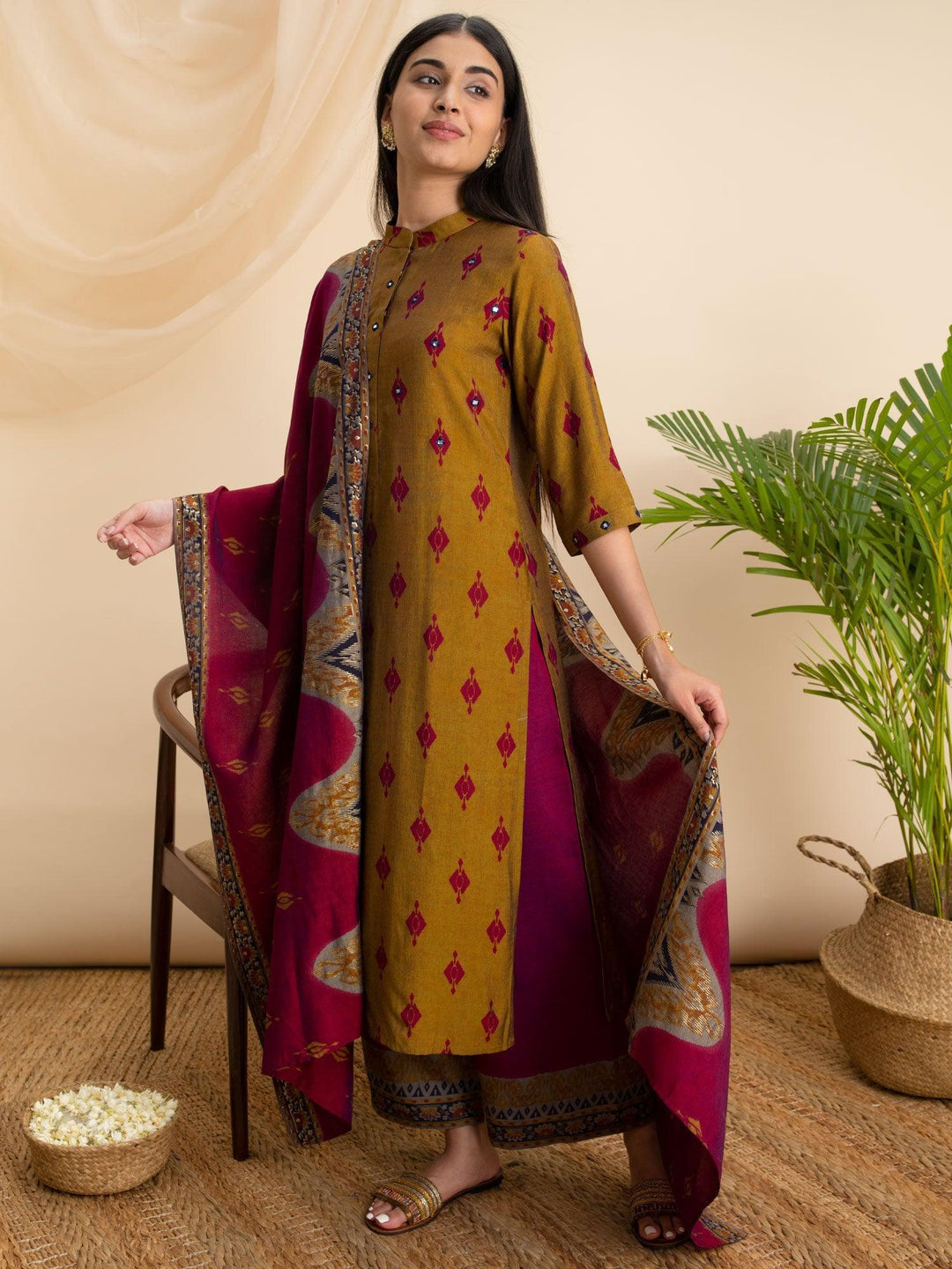 Mustard Printed Rayon Suit Set - ShopLibas