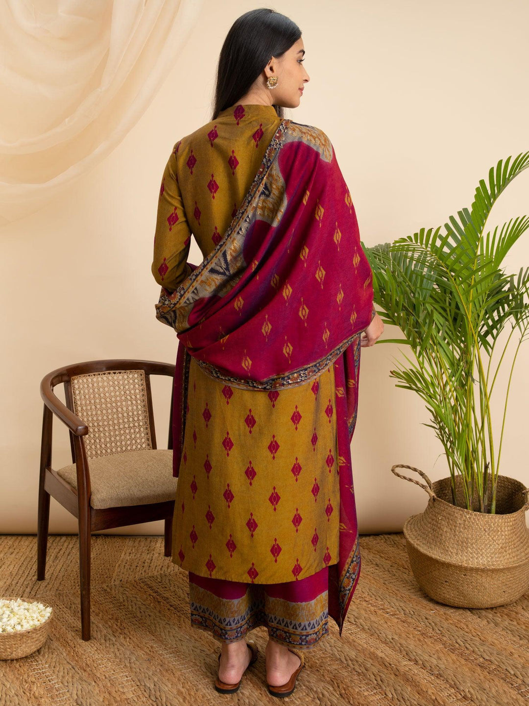 Mustard Printed Rayon Suit Set - ShopLibas