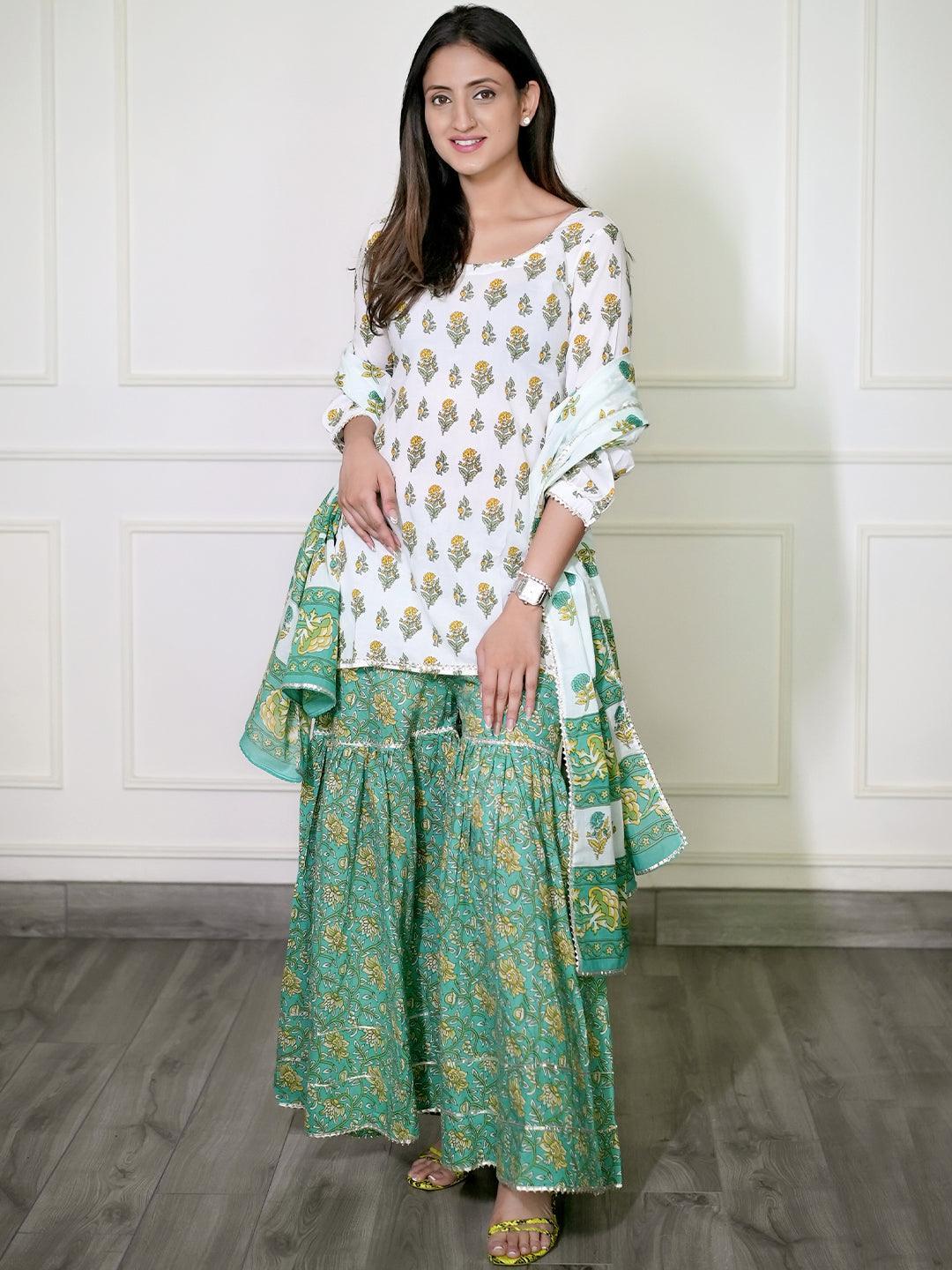 White Printed Cotton Suit Set - ShopLibas