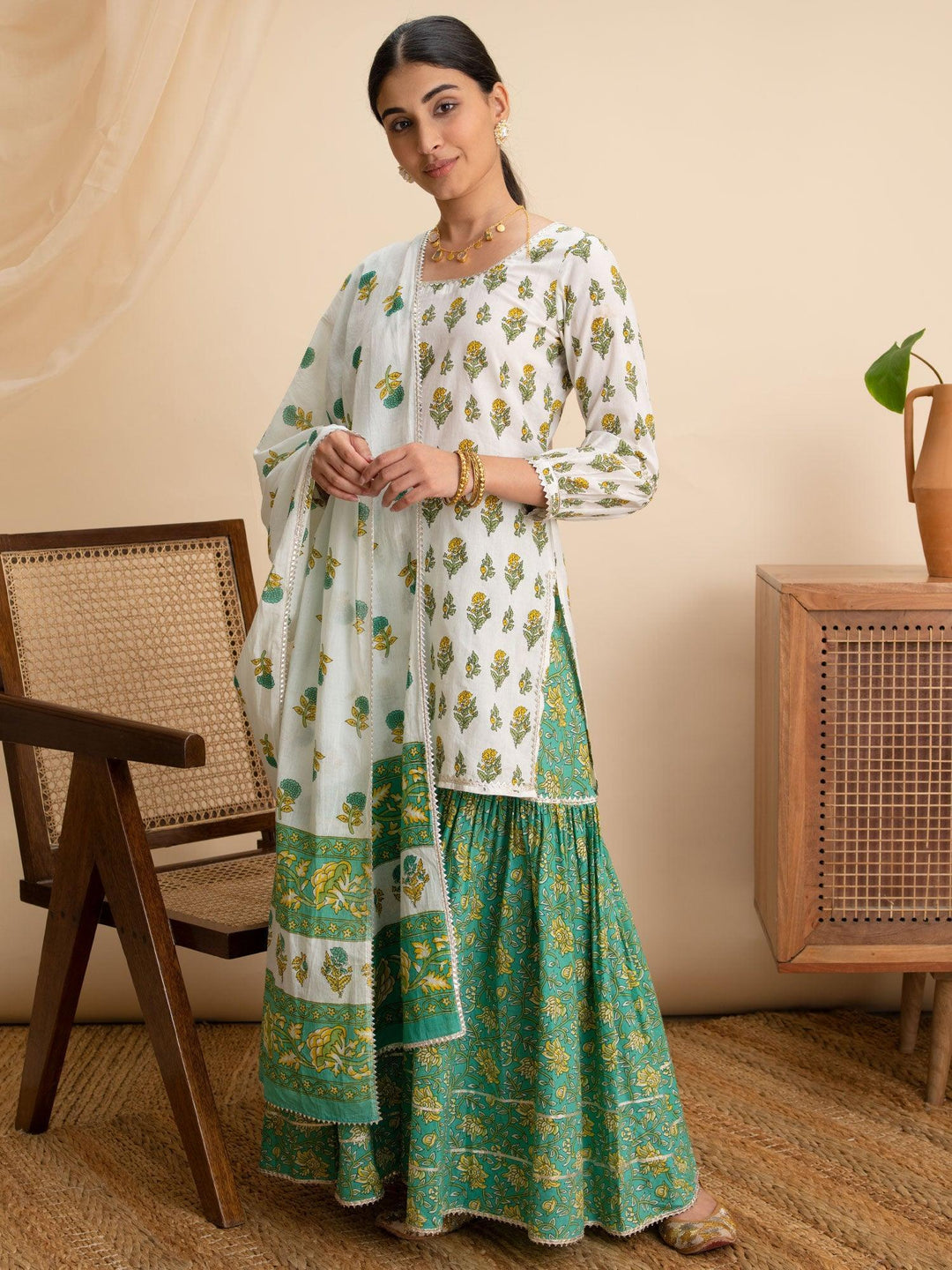 White Printed Cotton Suit Set - ShopLibas