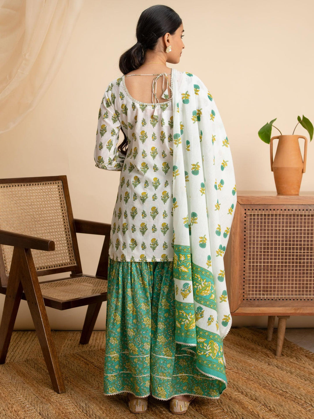 White Printed Cotton Suit Set - ShopLibas