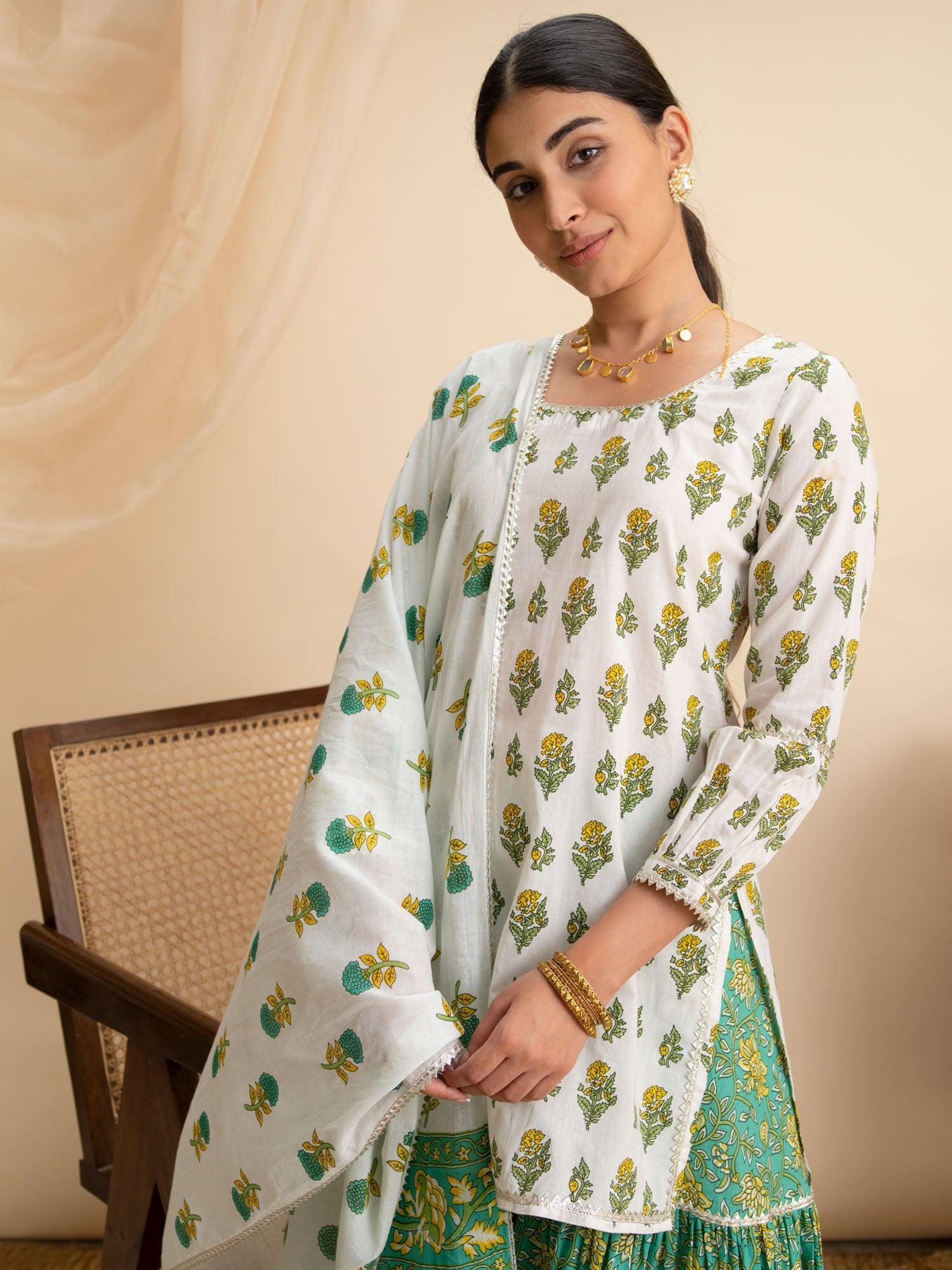 White Printed Cotton Suit Set