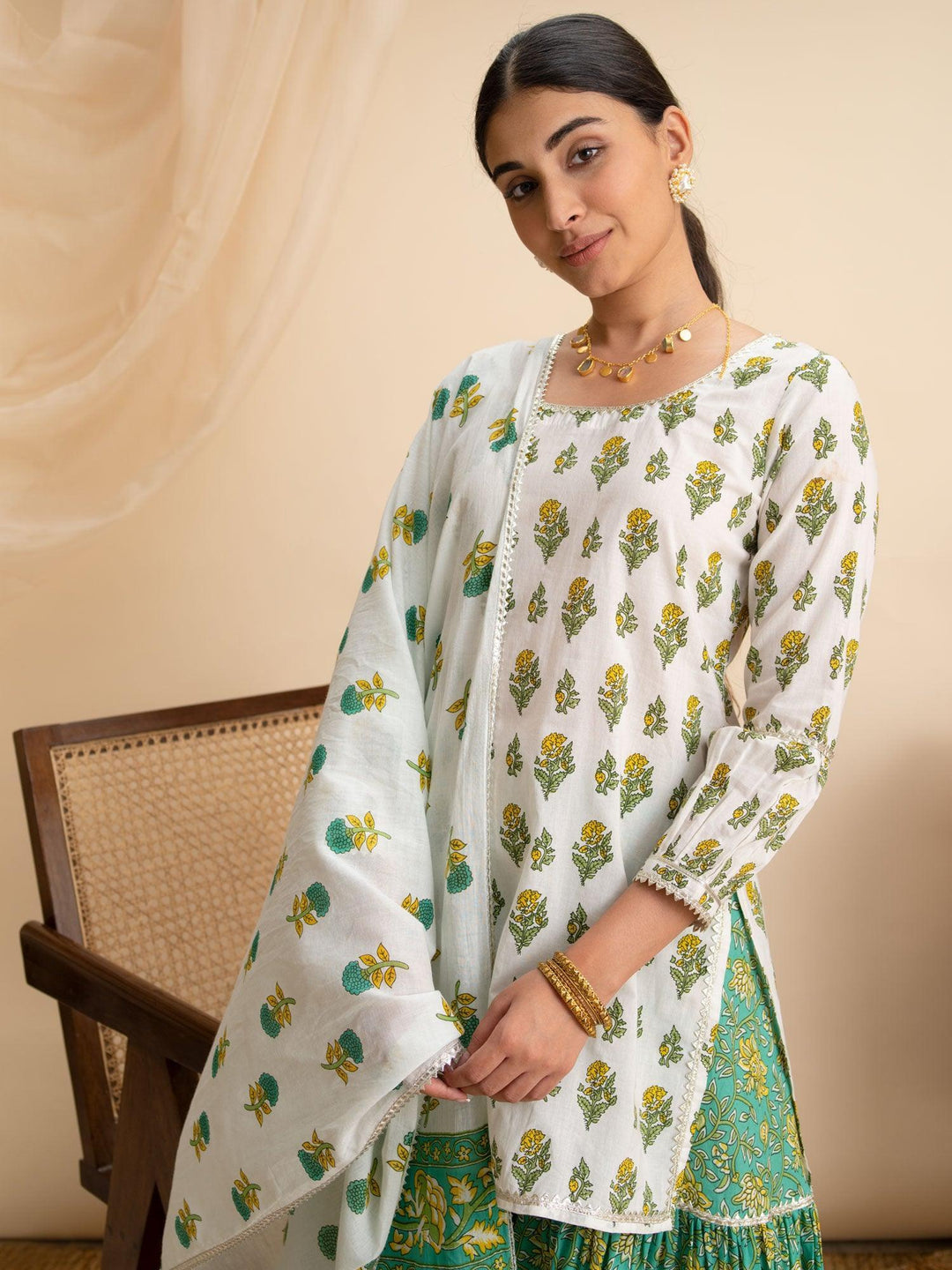 White Printed Cotton Suit Set - ShopLibas