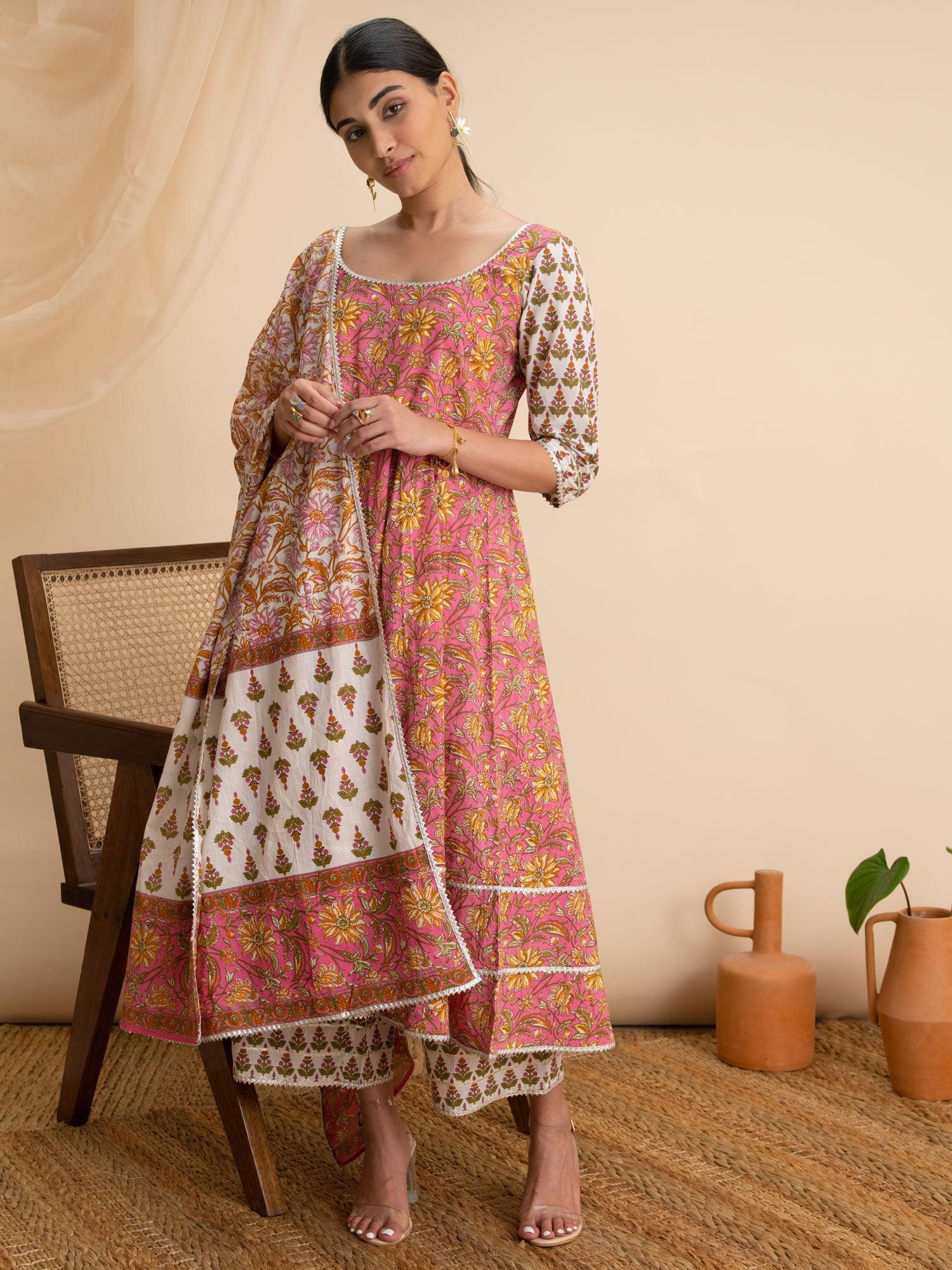 Pink Printed Cotton Suit Set