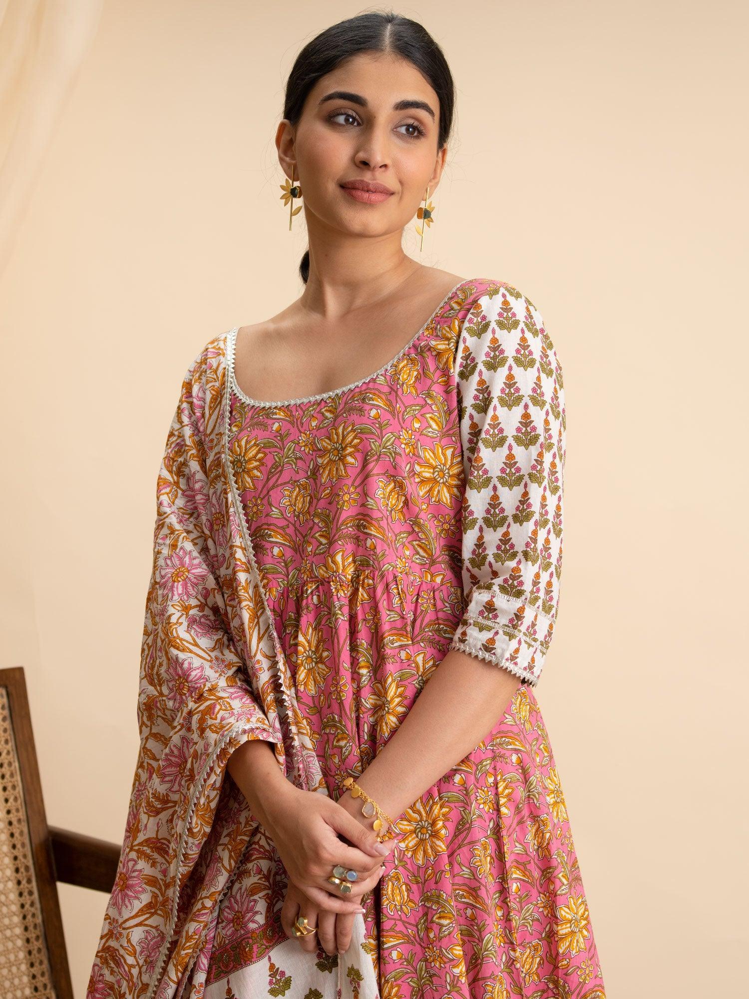 Pink Printed Cotton Suit Set