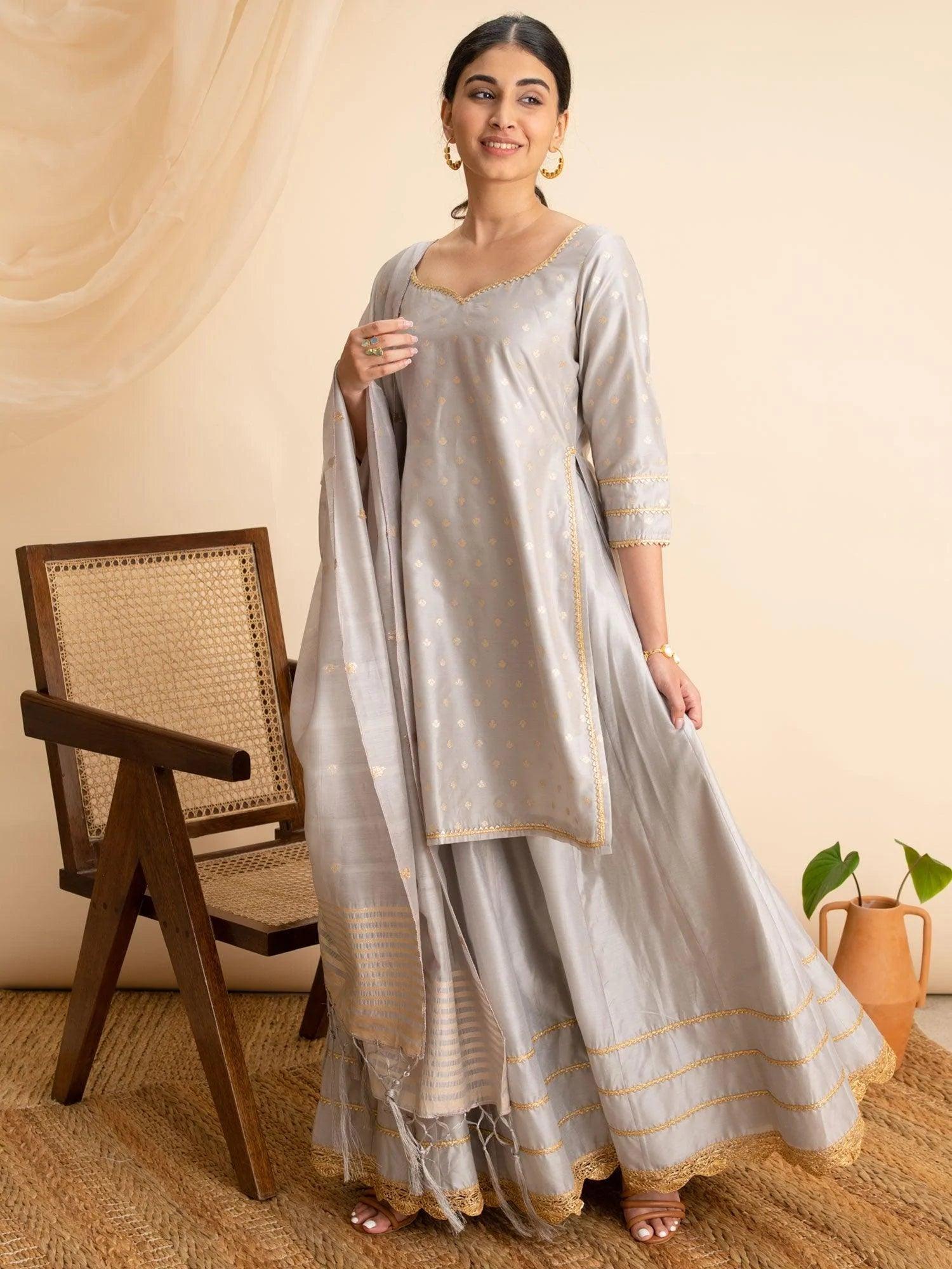 Grey Self Design Silk Suit Set