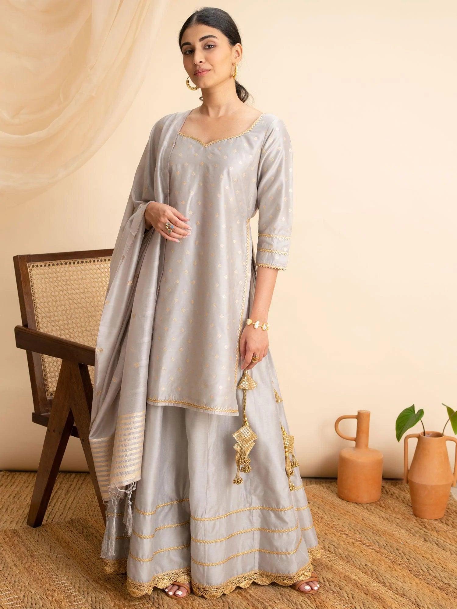 Grey Self Design Silk Suit Set